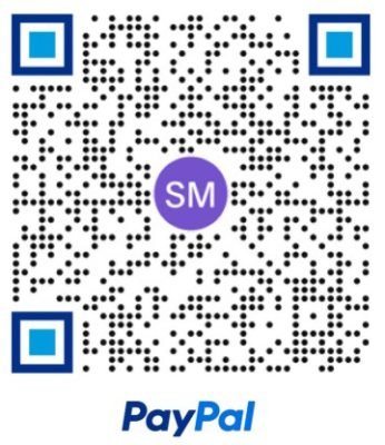 A QR code with blue corners and a purple circle in the center labeled 'SM'. Below it, there's the PayPal logo. The QR code is used for payments or information sharing.