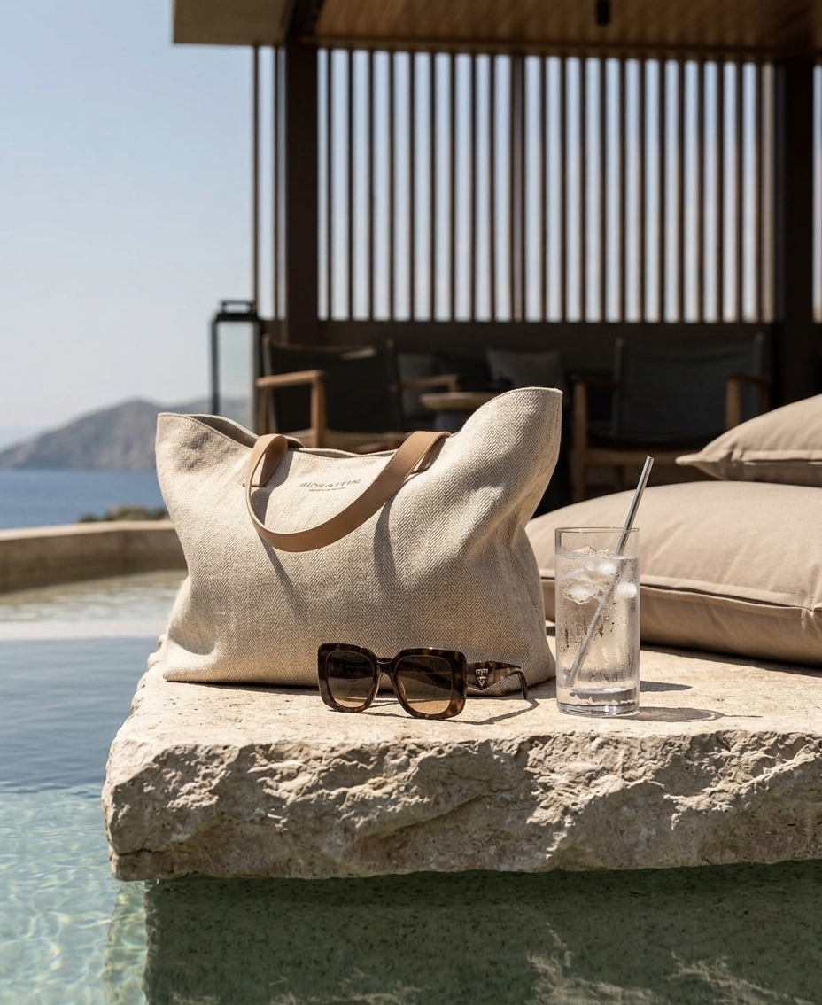 Firefly_ luxury linen beach tote, oversized sunglasses, and a glass of iced water sitting on  779432.png