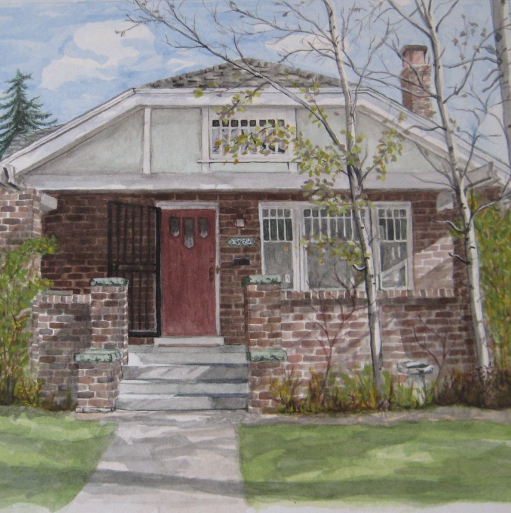 A watercolor painting of a brick house with a red front door, a small porch with steps, large window, and a upstairs balcony. The house has trees with some leaves, and a cloudy sky in the background.