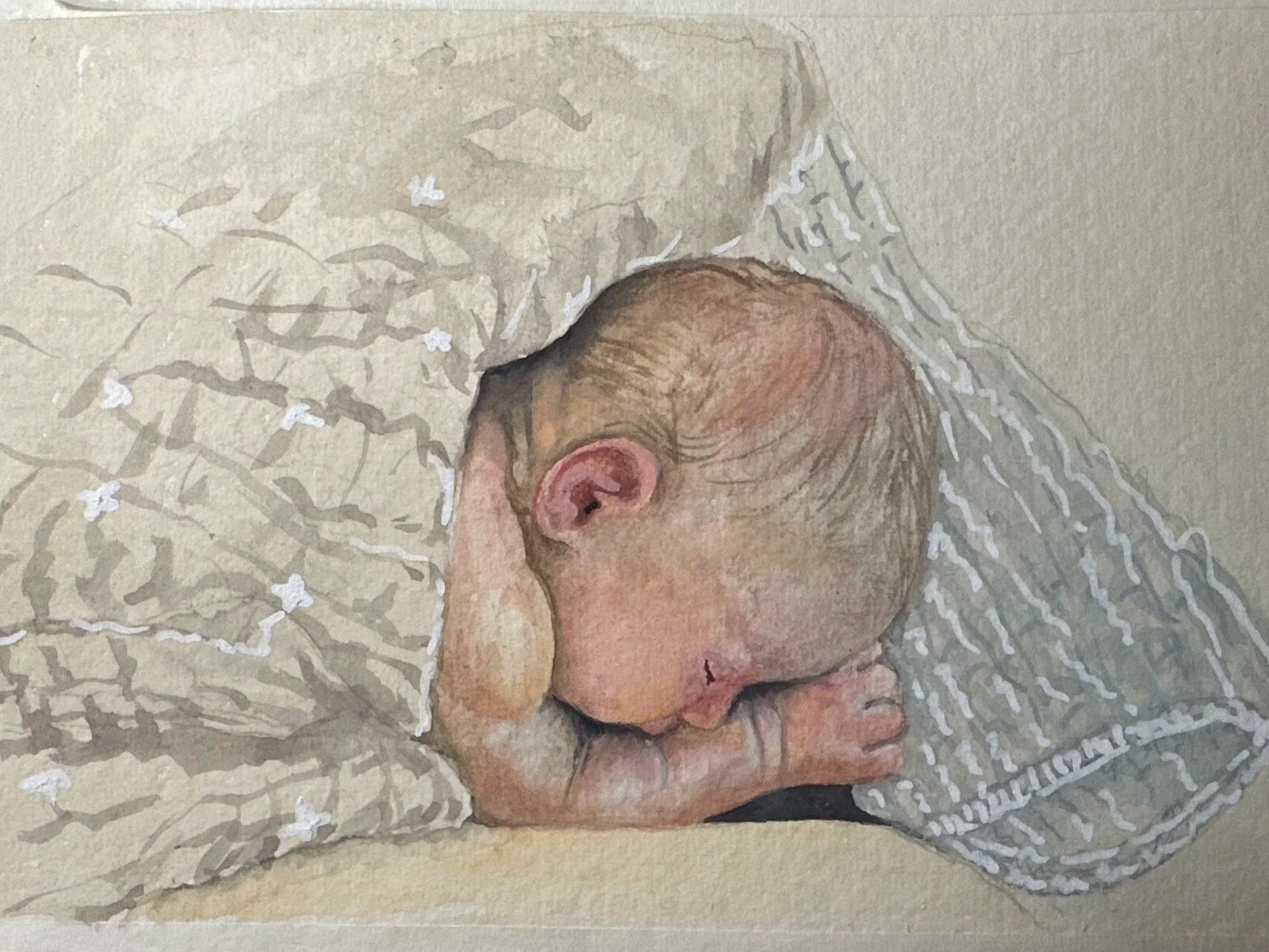 Watercolor painting of a newborn baby sleeping with hand close to face, on a soft blanket with a floral pattern.