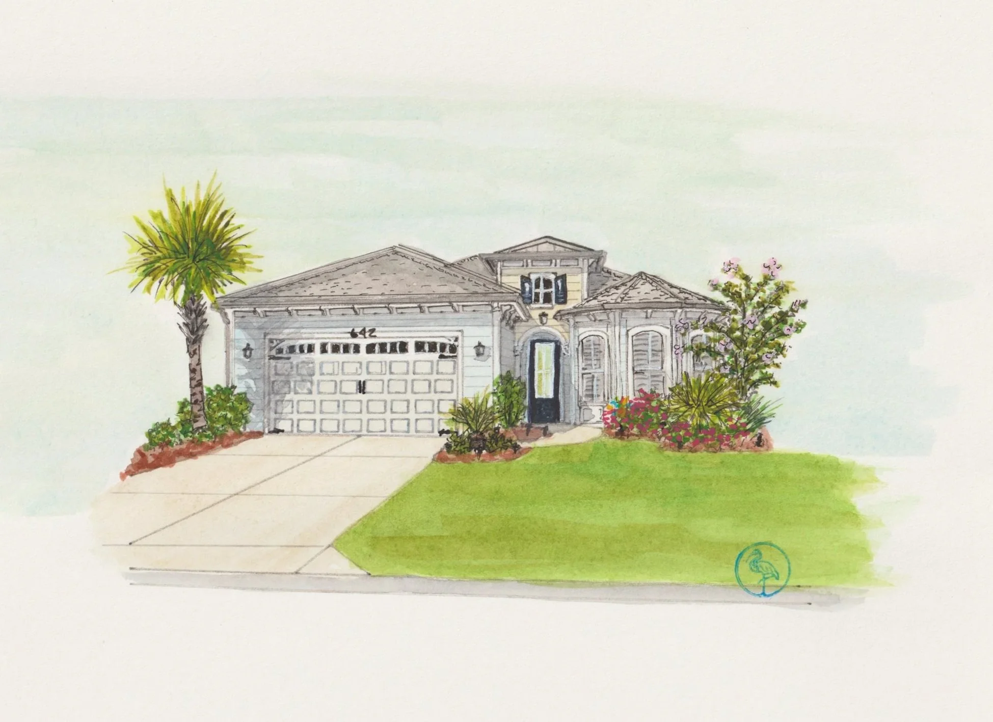 A watercolor illustration of a house with a garage, front door, and garden plants, including a palm tree and flowering bushes, on a sidewalk and lawn.