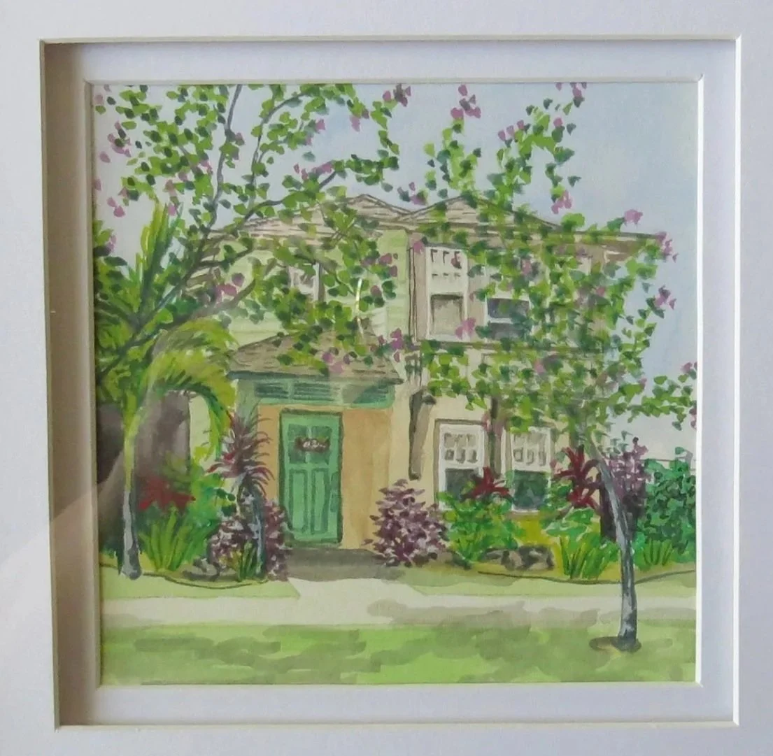 Watercolor painting of a house with a green door, surrounded by trees and bushes, with a sidewalk in front.