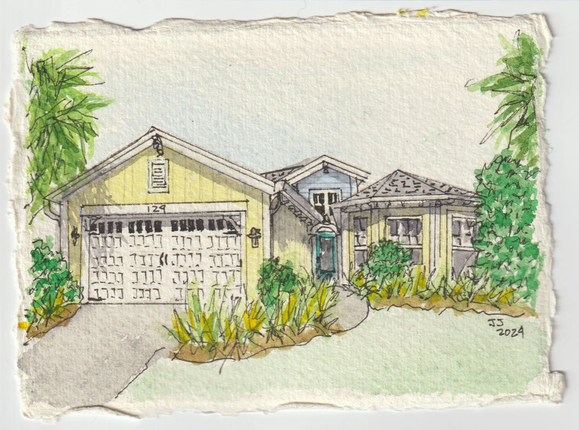 A watercolor and ink illustration of a house with a yellow front, a garage door, three windows, a porch, and a gabled roof surrounded by trees and bushes on a torn-edged piece of paper, dated 2024.