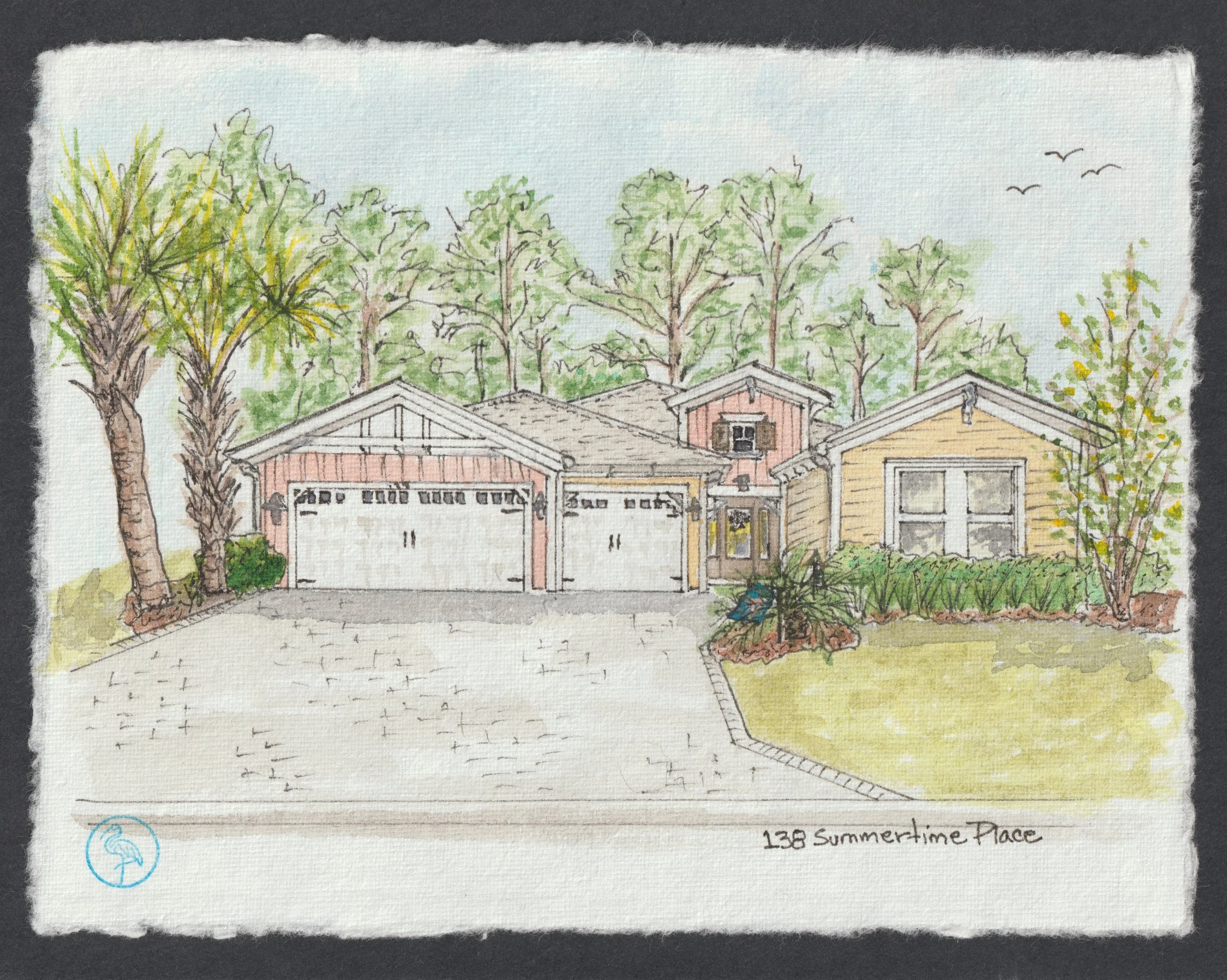 Hand-drawn watercolor sketch of a residential neighborhood with houses, trees, and a clear sky.