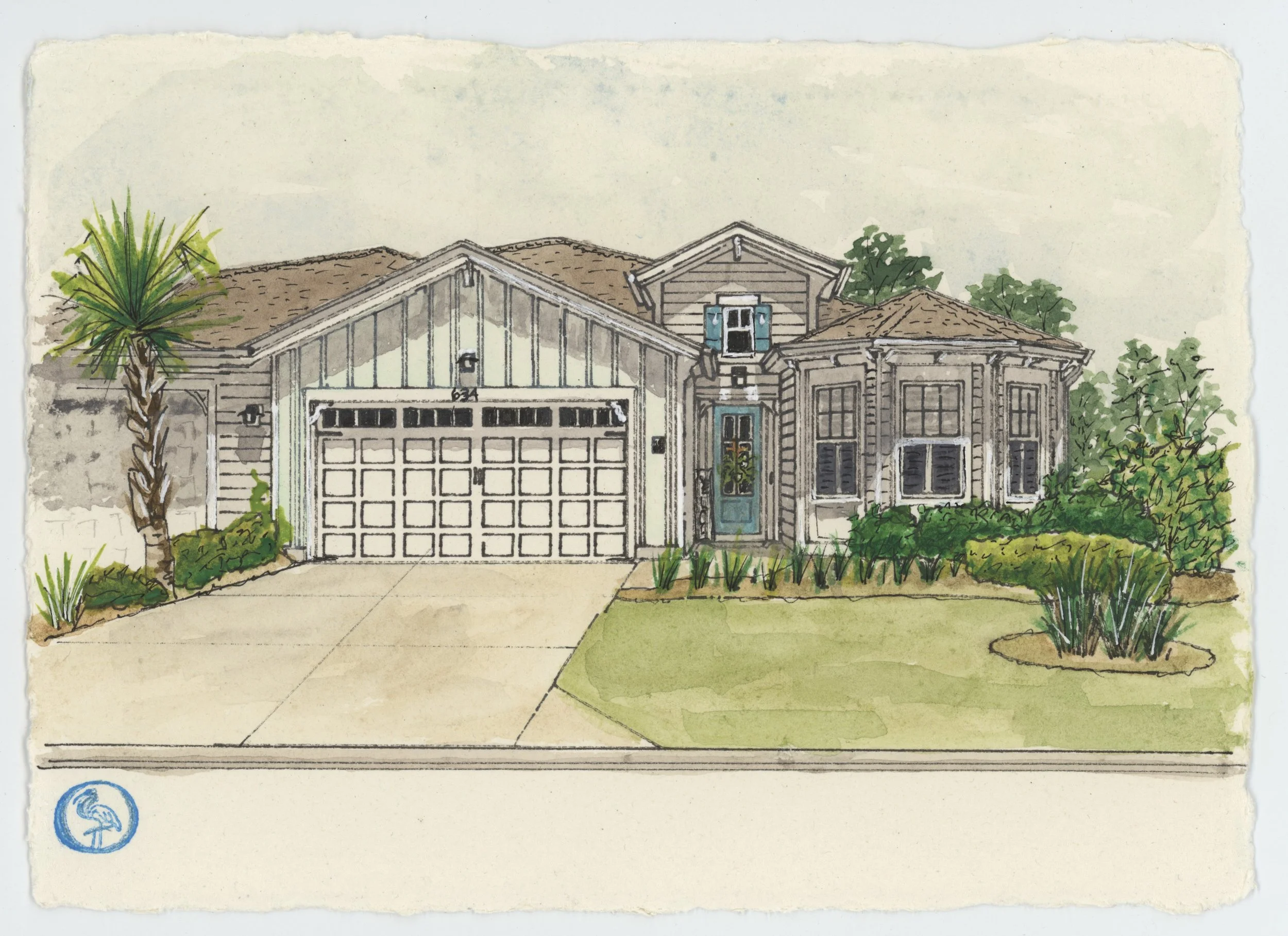 Watercolor illustration of a house with a garage, front yard, and surrounding greenery including small bushes and a tree.