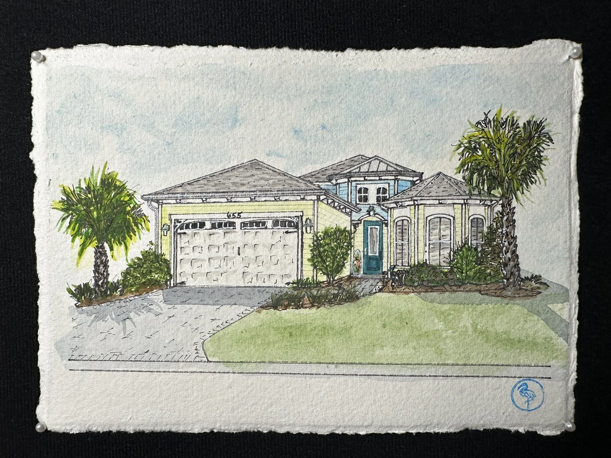 Illustration of a house with a driveway, palm trees, and landscaped yard, drawn with fine lines and watercolor accents.