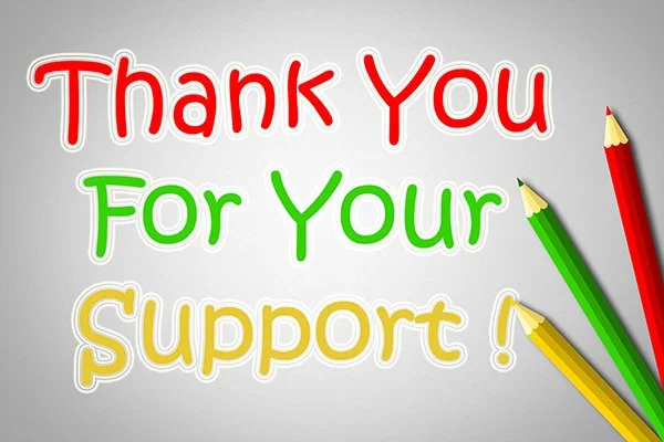 Colorful text reads "Thank You For Your Support!" with red, green, and yellow pencils on a gray background.