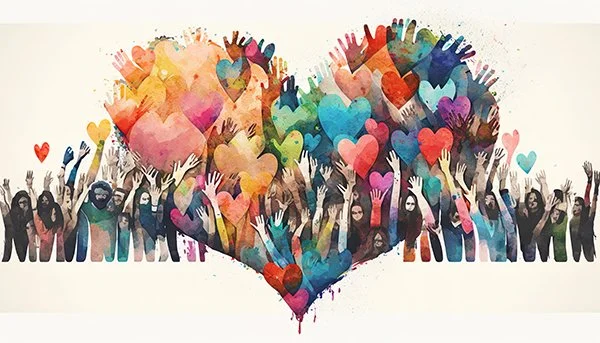 Colorful watercolor illustration of a heart made of many multicolored hands and hearts, with a row of diverse people with raised hands underneath.