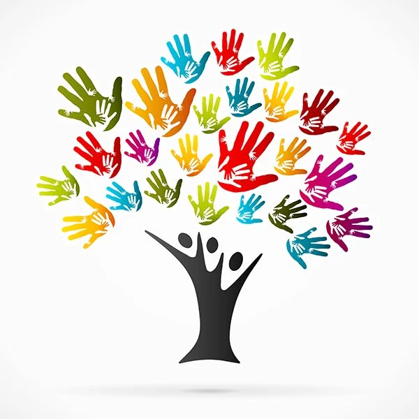 Colorful hands forming a tree with a trunk and branches, symbolizing diversity and unity.