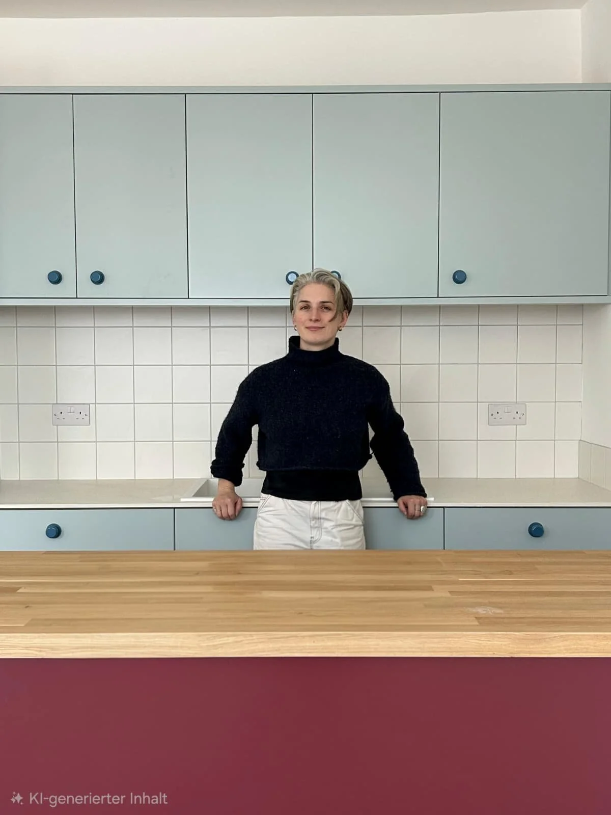 Woman with short gray hair, wearing a black turtleneck sweater and beige pants, standing behind a wooden counter in a modern kitchen with light blue cabinets and white tiled walls.