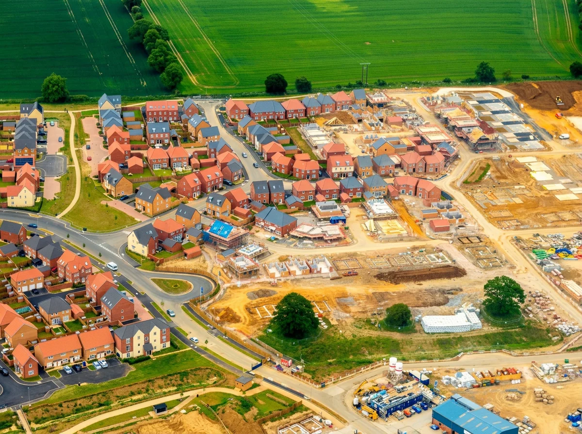 Aerial view of a construction site with houses being built, surrounded by finished houses and green fields.
