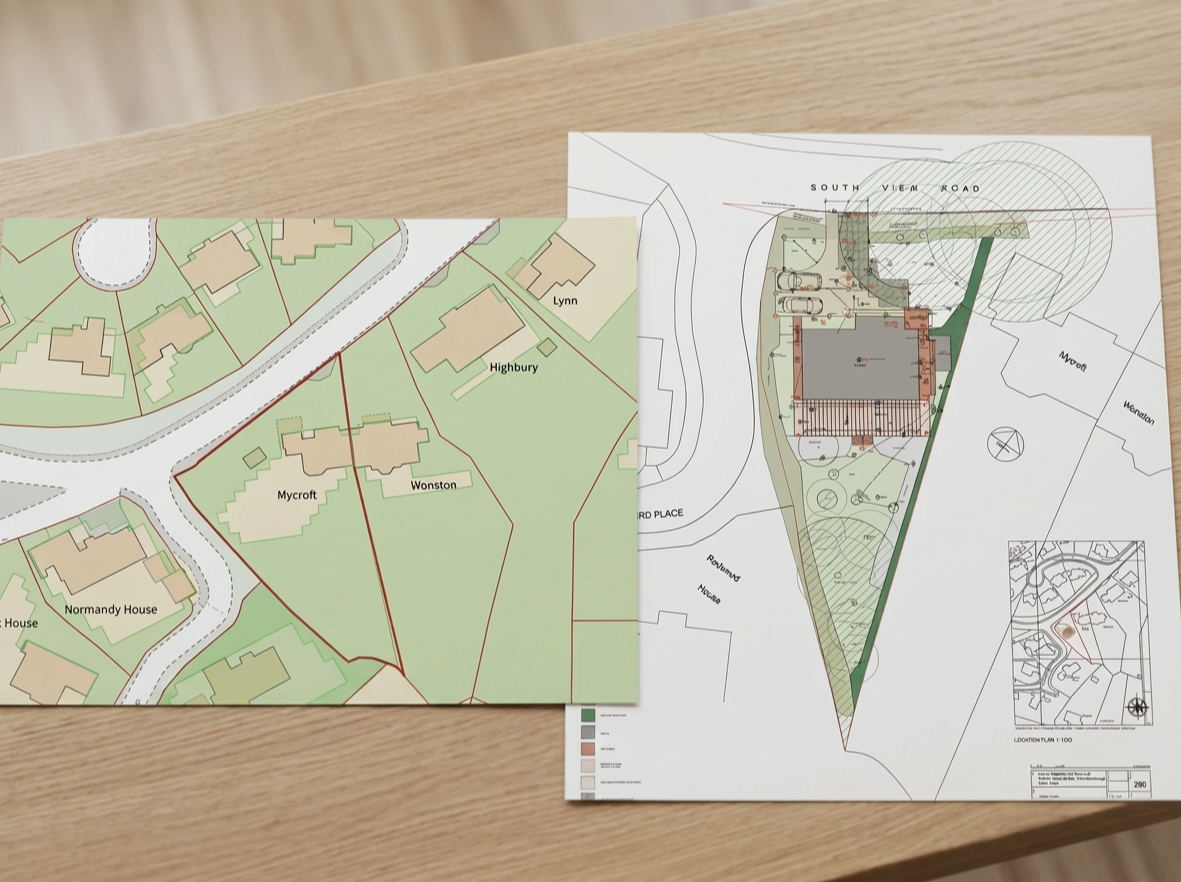 Two architectural or site plans on a wooden desk showing property layouts, building placements, and landscaping details.