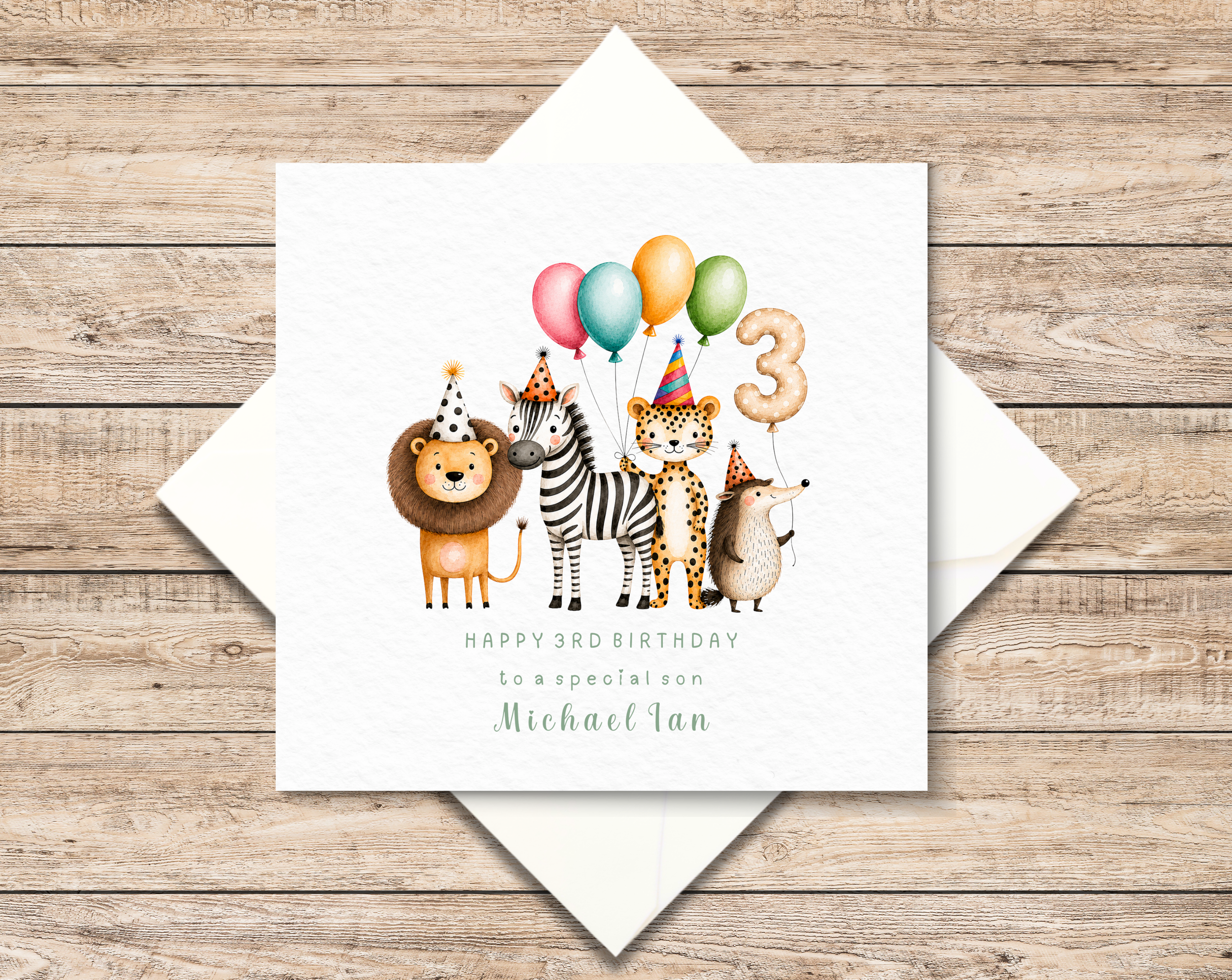 Personalised Third Birthday Card Zoo Animals - 3rd Birthday Animals Card - Third Birthday Card For Boy - 3rd Birthday Card For Girl