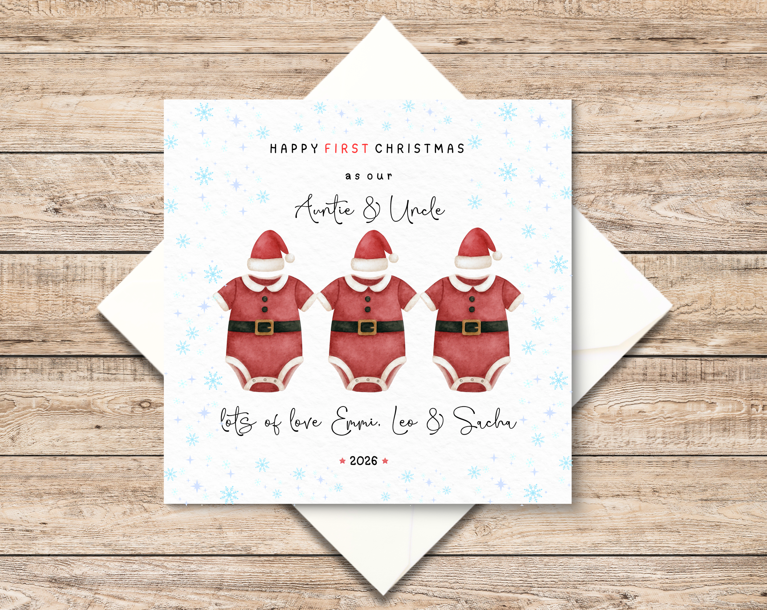 Personalised Triplets Christmas Card - First Christmas - Auntie & Uncle - Grandparents