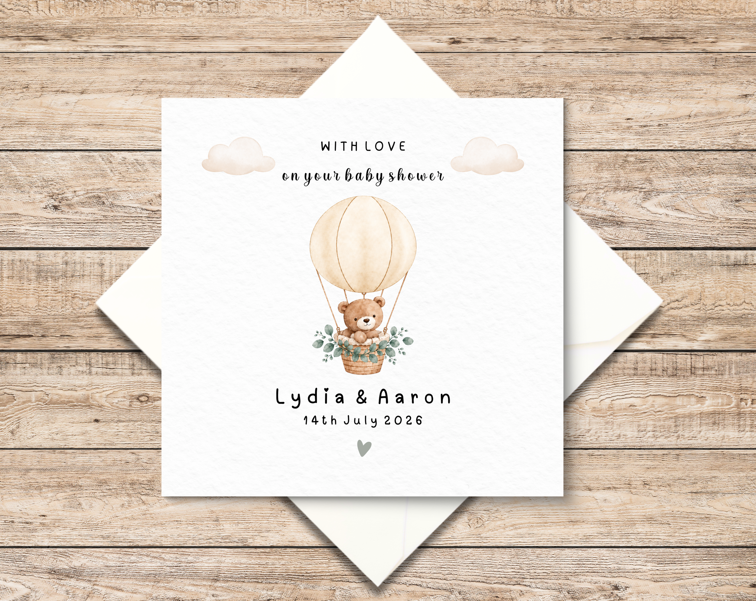 Personalised Baby Shower Card Neutral Bear Balloon - Baby Shower Card - Mummy To Be Pregnancy Card - Baby Shower Gift For Baby Boy Or Baby Girl