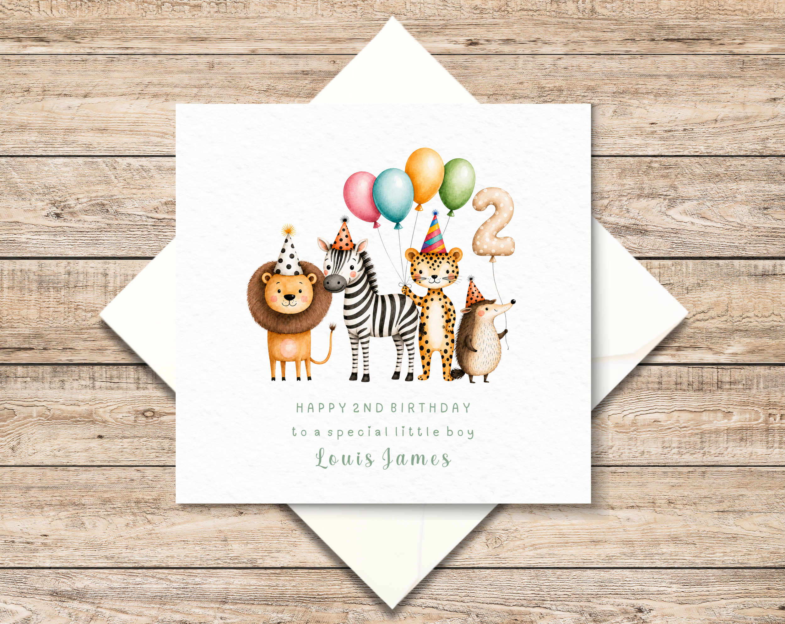 Personalised Second Birthday Card Zoo Animals - 2nd Birthday Animals Card - Second Birthday Card For Boy - 2nd Birthday Card For Girl