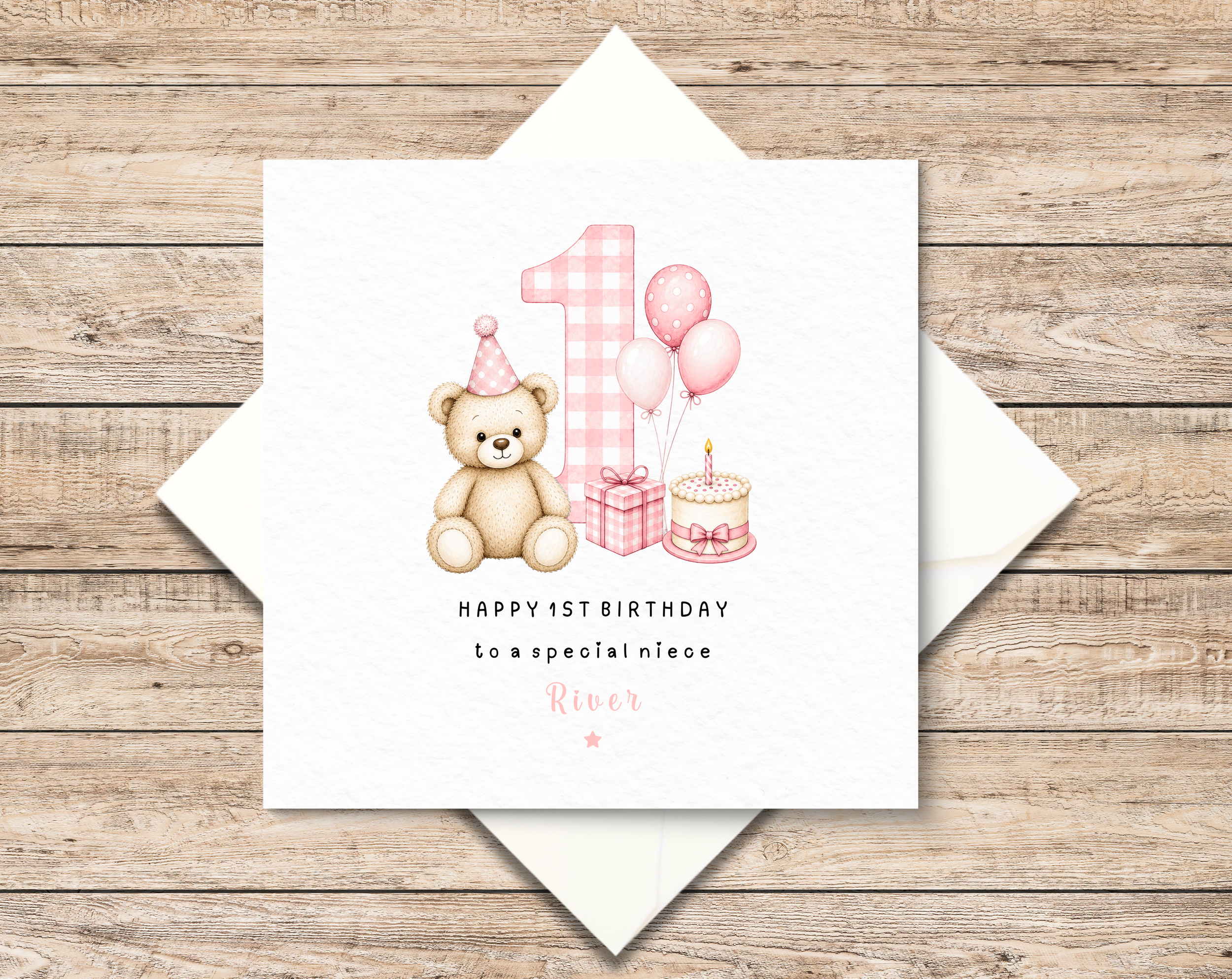 Personalised 1st Birthday Card Girl - Teddy Bear Birthday Card - Baby First Birthday Card - Custom Name Card - 1st Birthday Keepsake