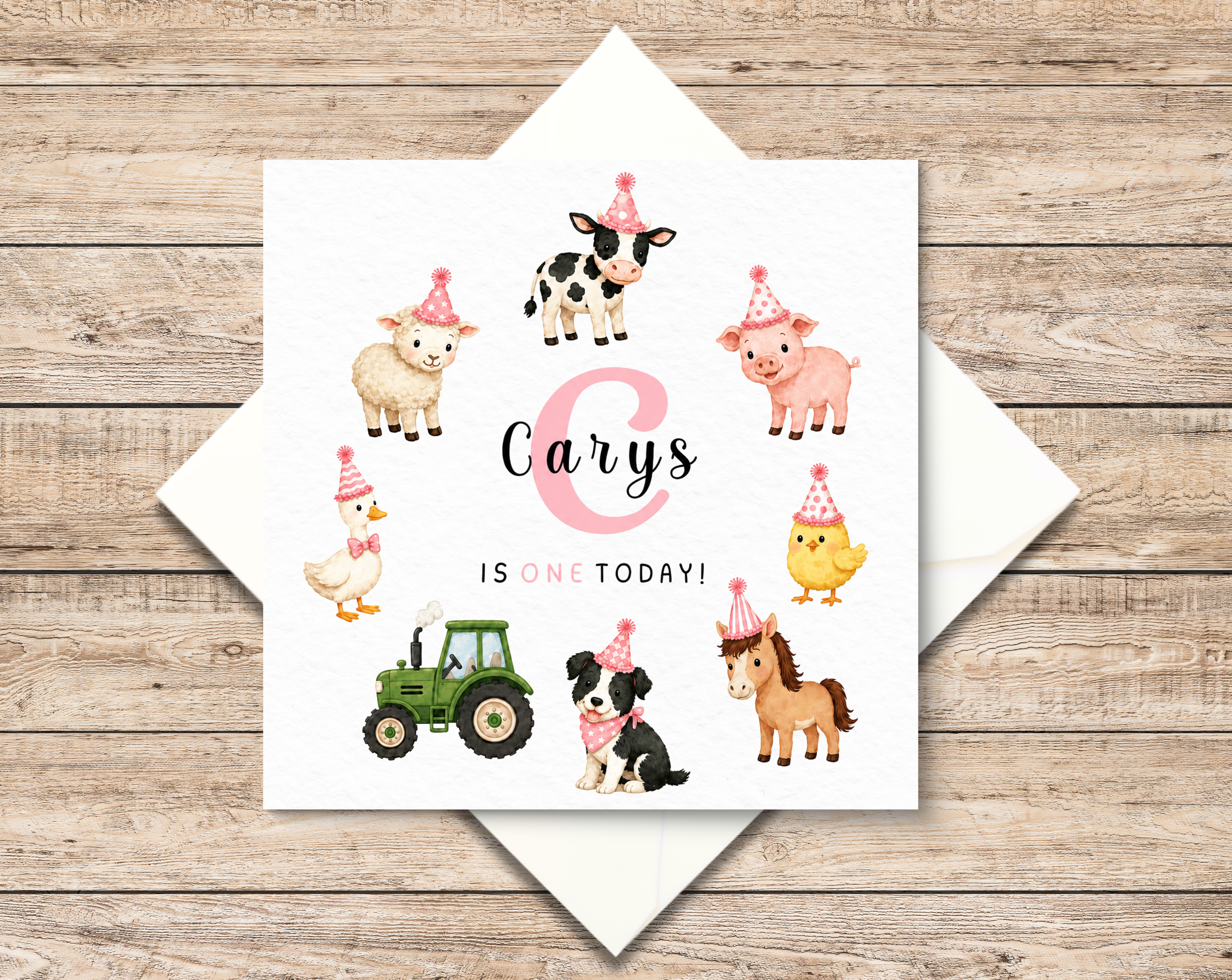 Personalised 1st Birthday Farm Animals Card - Little Girl - Custom Name - Age One