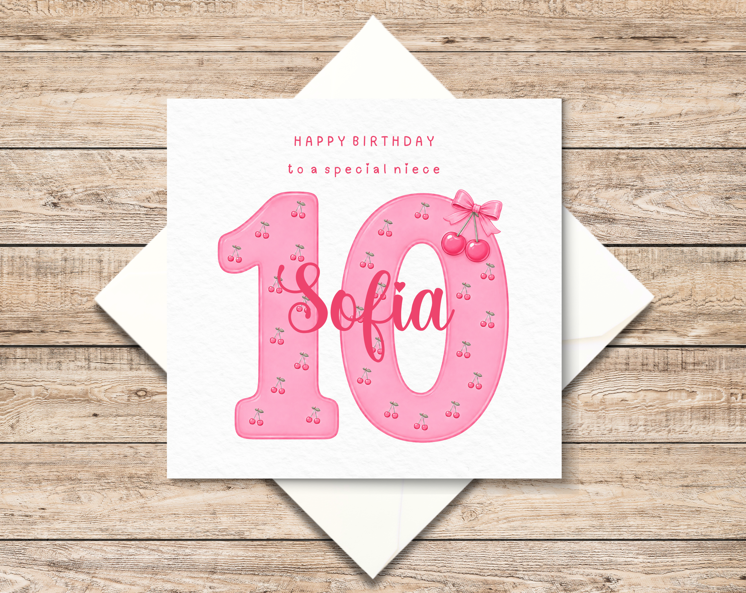 Personalised 10th Birthday Card - Double Digits Birthday Card for Girl - Daughter - Niece - Granddaughter - Cherries Design
