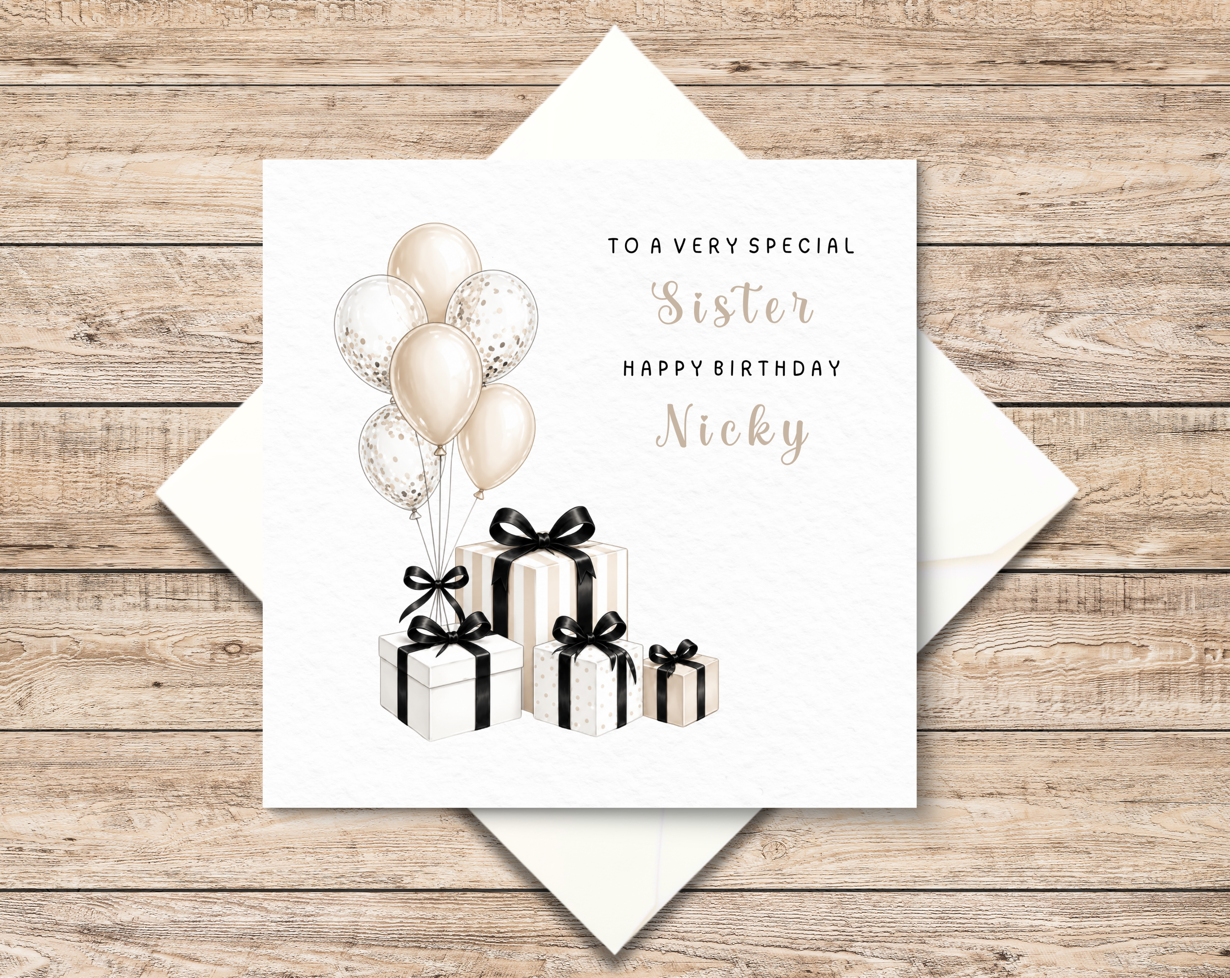 Personalised Sister Birthday Card - Elegant Neutral Birthday Card  For Sister - Custom Name Birthday Card - Minimalist Gift Card For Her