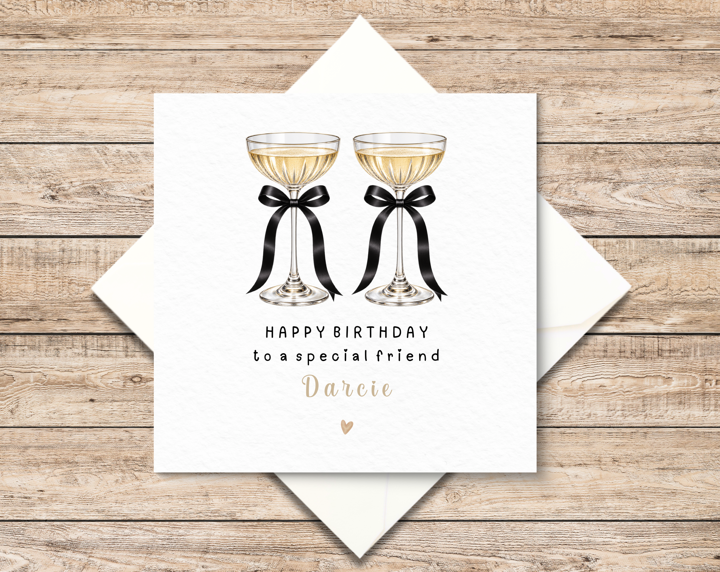 Personalised Champagne Birthday Card for Friend - Bestie – Custom Name Card – Chic Minimalist Birthday Card– Black Bow Champagne Glass Design