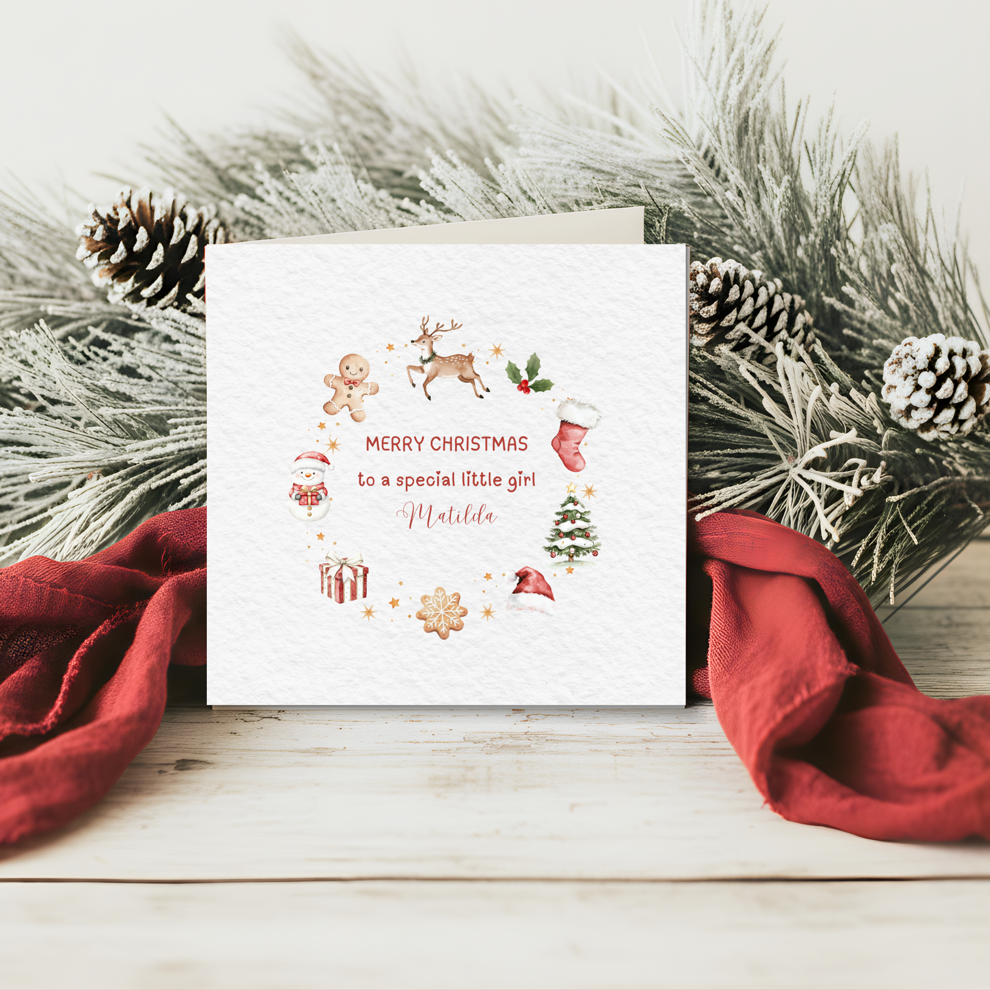 Personalised Christmas Card - Festive Christmas Wreath Frame - Cute - Daughter - Son - Custom Name