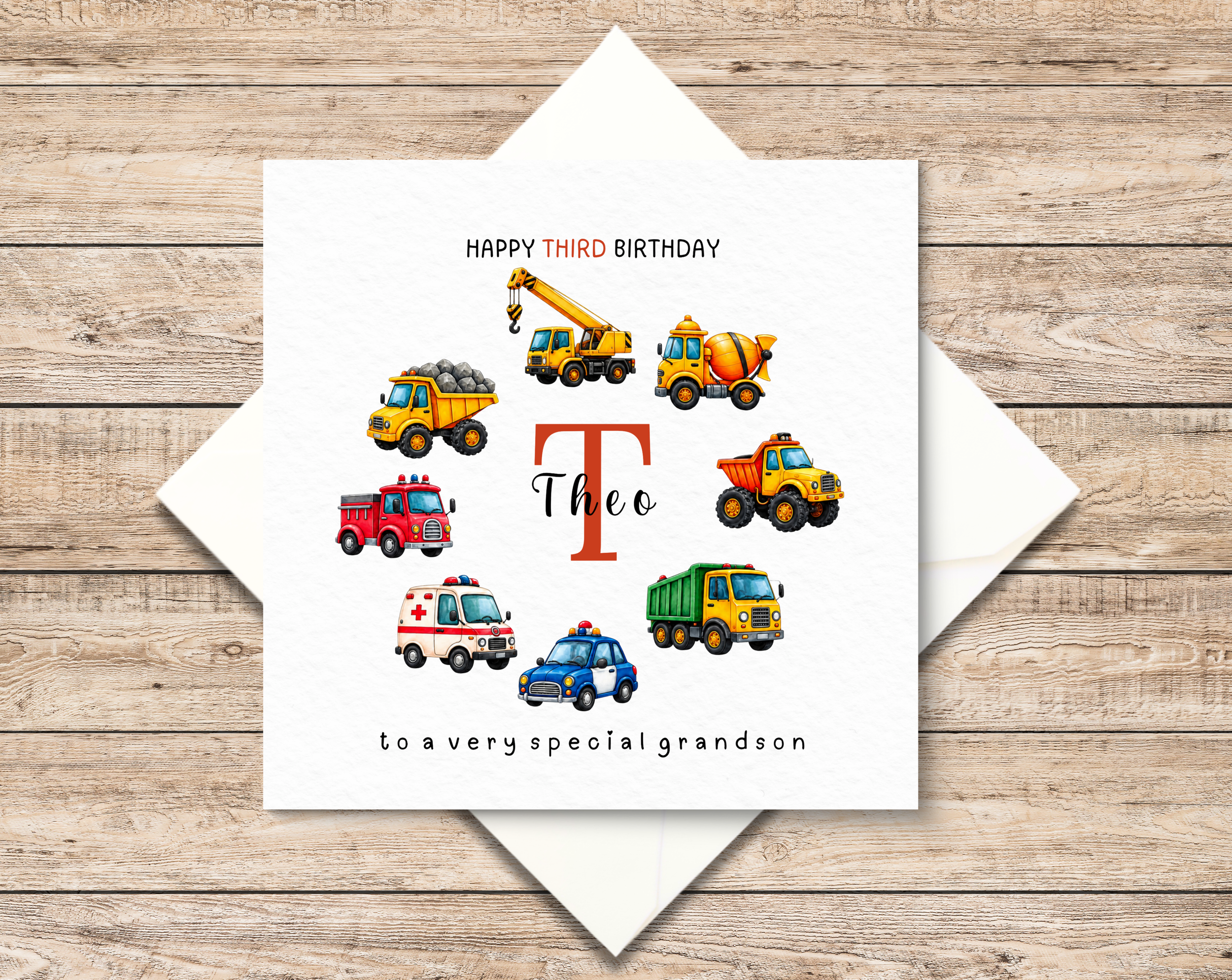 Personalised Construction Birthday Card - Truck & Digger Birthday Card - Emergency Vehicle Any Age Gift For Son - Grandson - Nephew - Godson