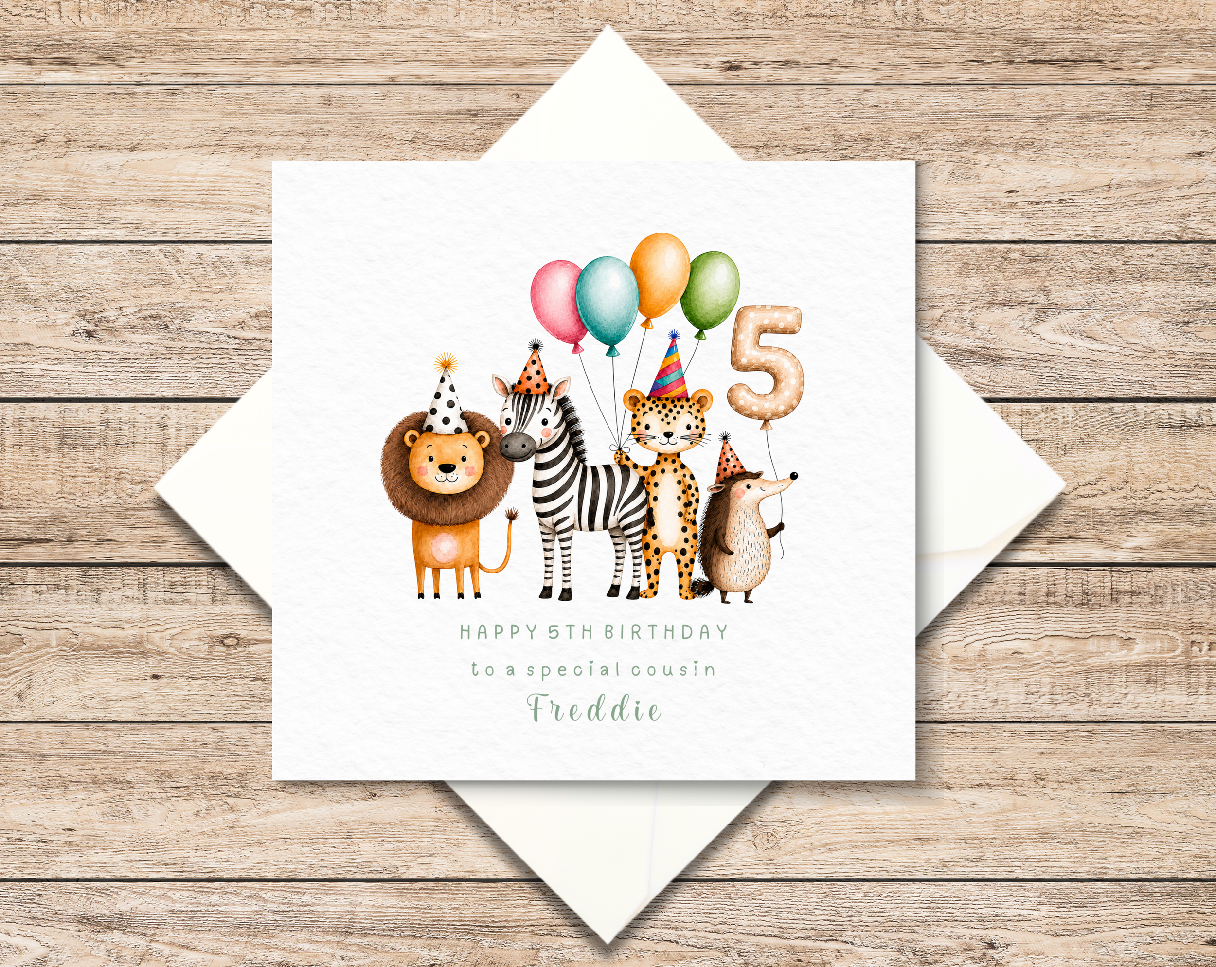 Personalised Fifth Birthday Card Zoo Animals - 5th Birthday Animals Card - Fifth Birthday Card For Boy - 5th Birthday Card For Girl