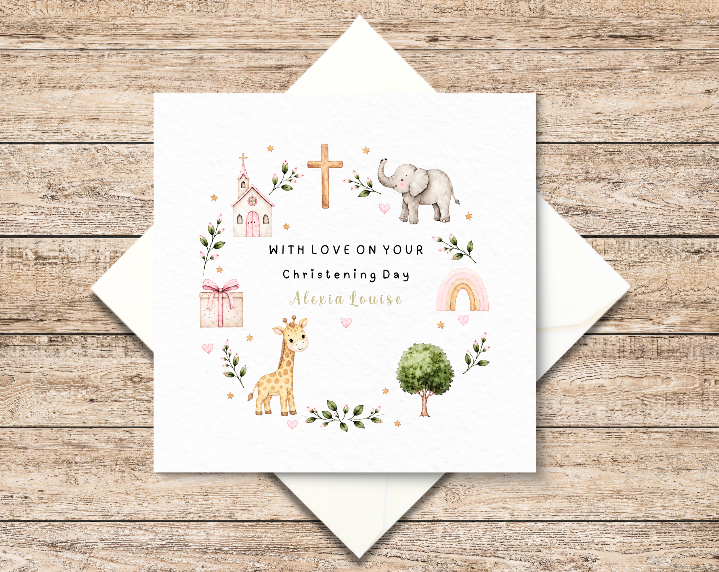 Personalised Christening Card For Baby Girl - Watercolor Wreath - Baptism Keepsake