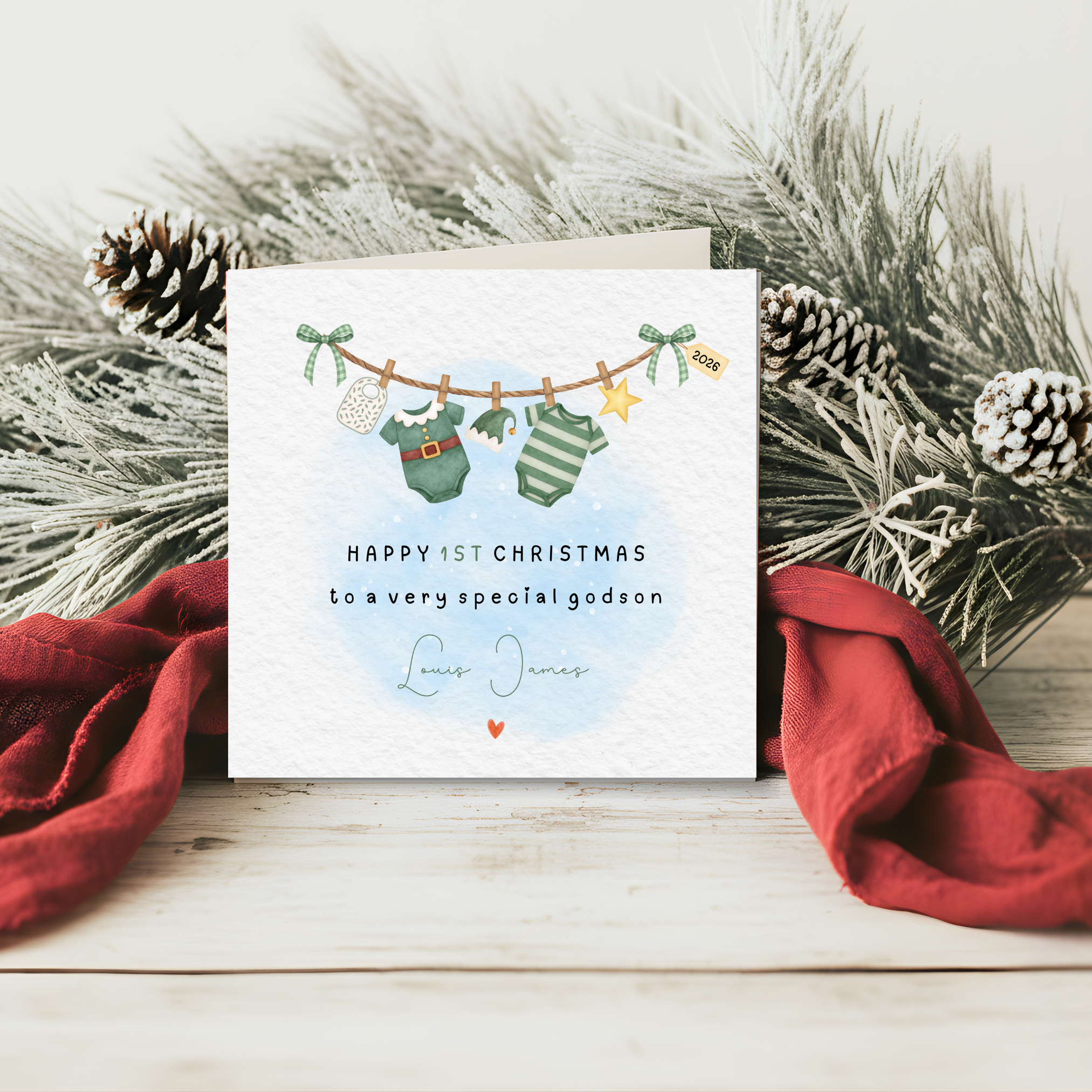 Personalised Baby's First Christmas Washing Line Greetings Card - Boys - Girls - Custom Name