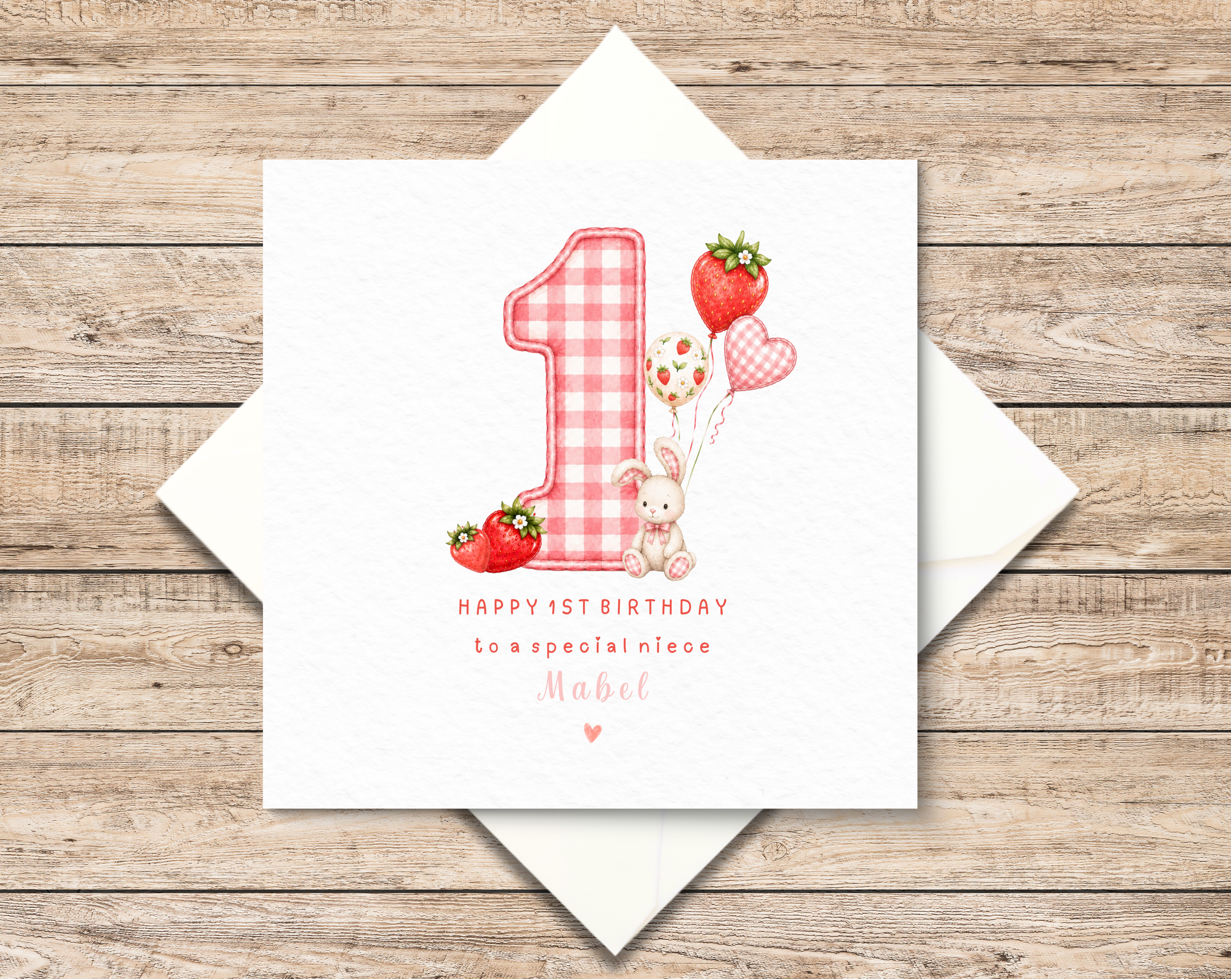Personalised Birthday Card for Girl - First Birthday Card - 1st Birthday Keepsake - Strawberry Bunny Birthday