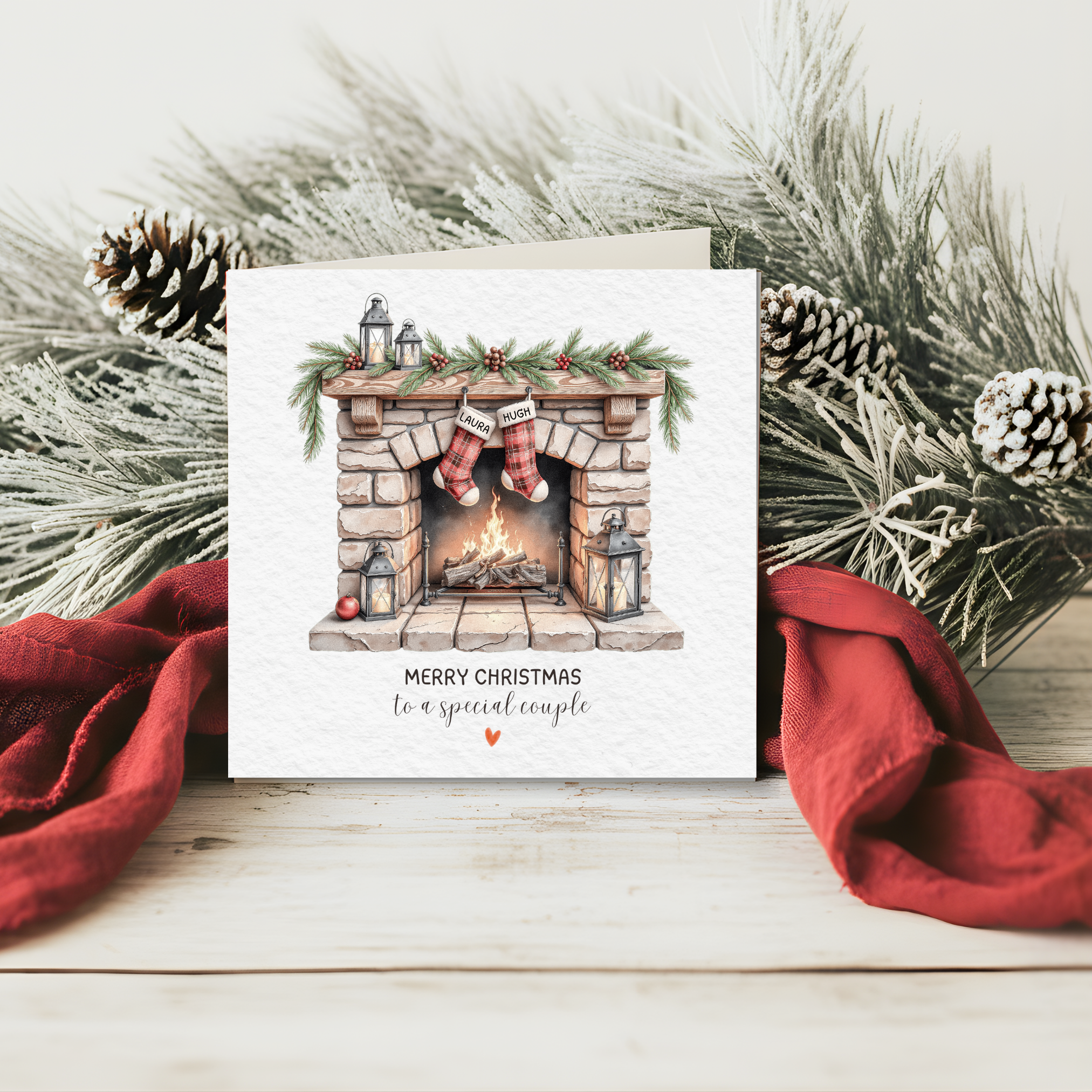 Personalised Special Couple Christmas Card - Custom Fireplace - Stocking Names
