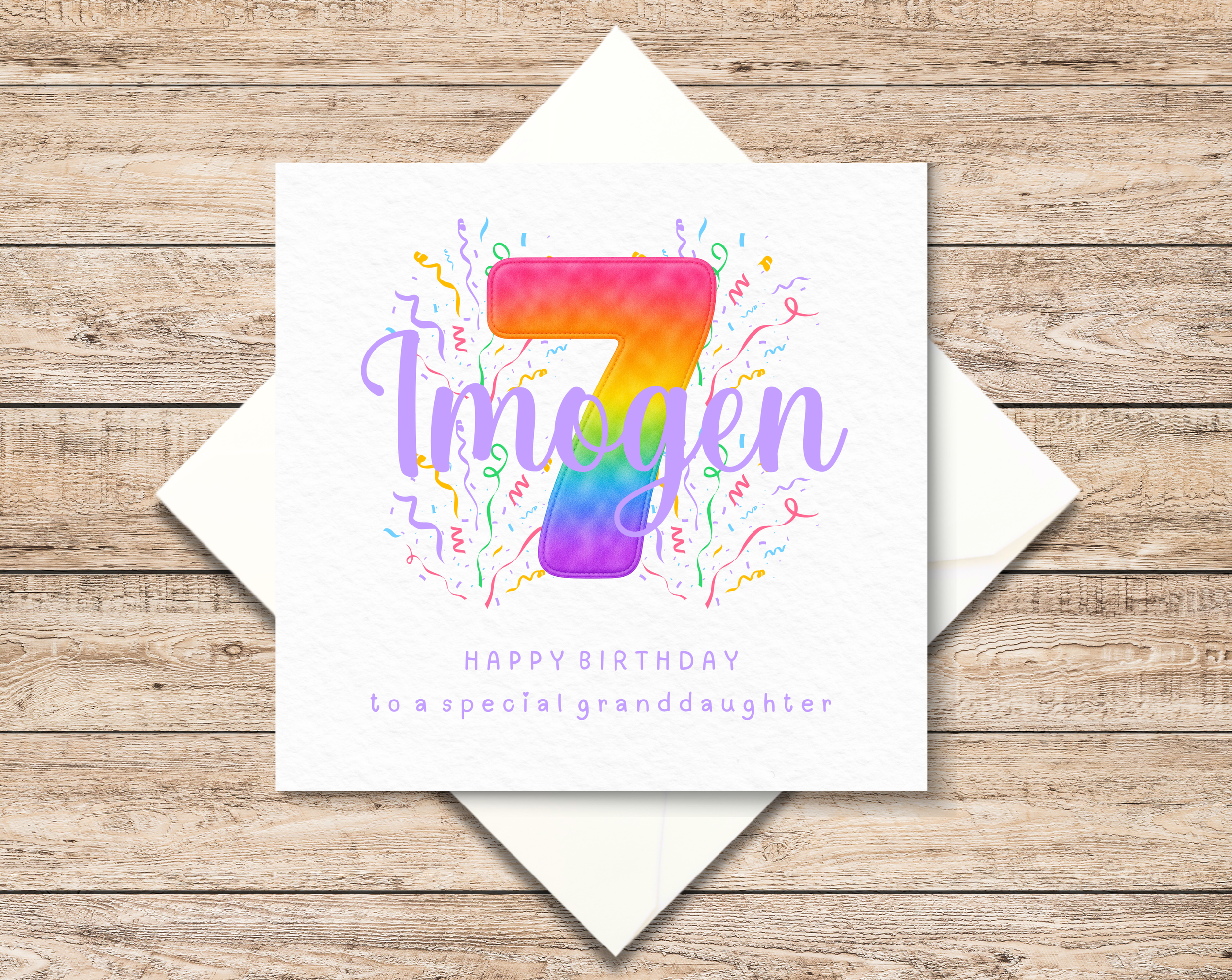 Personalised 7th Birthday Card - Age 7 Card For Girl - Seventh Birthday Card  For Daughter - Rainbow Design
