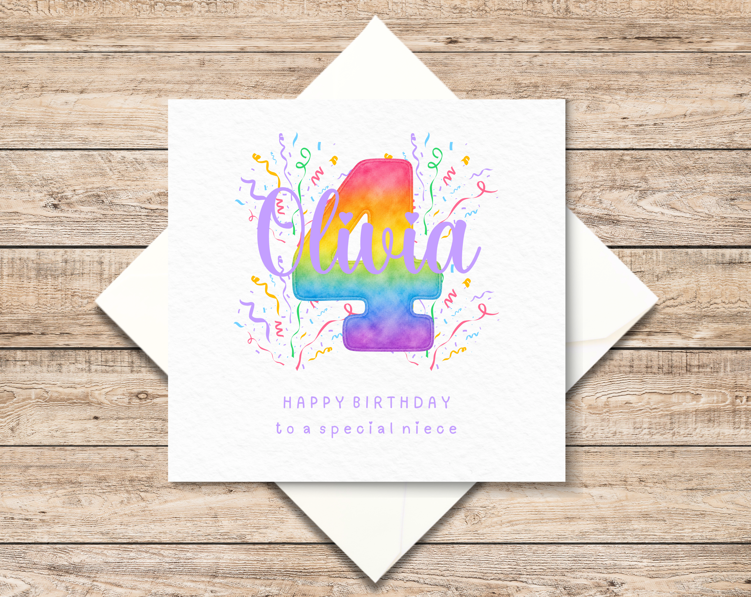 Personalised 4th Birthday Card - Age 4 Card For Girl - Fourth Birthday Card  For Daughter - Rainbow Design