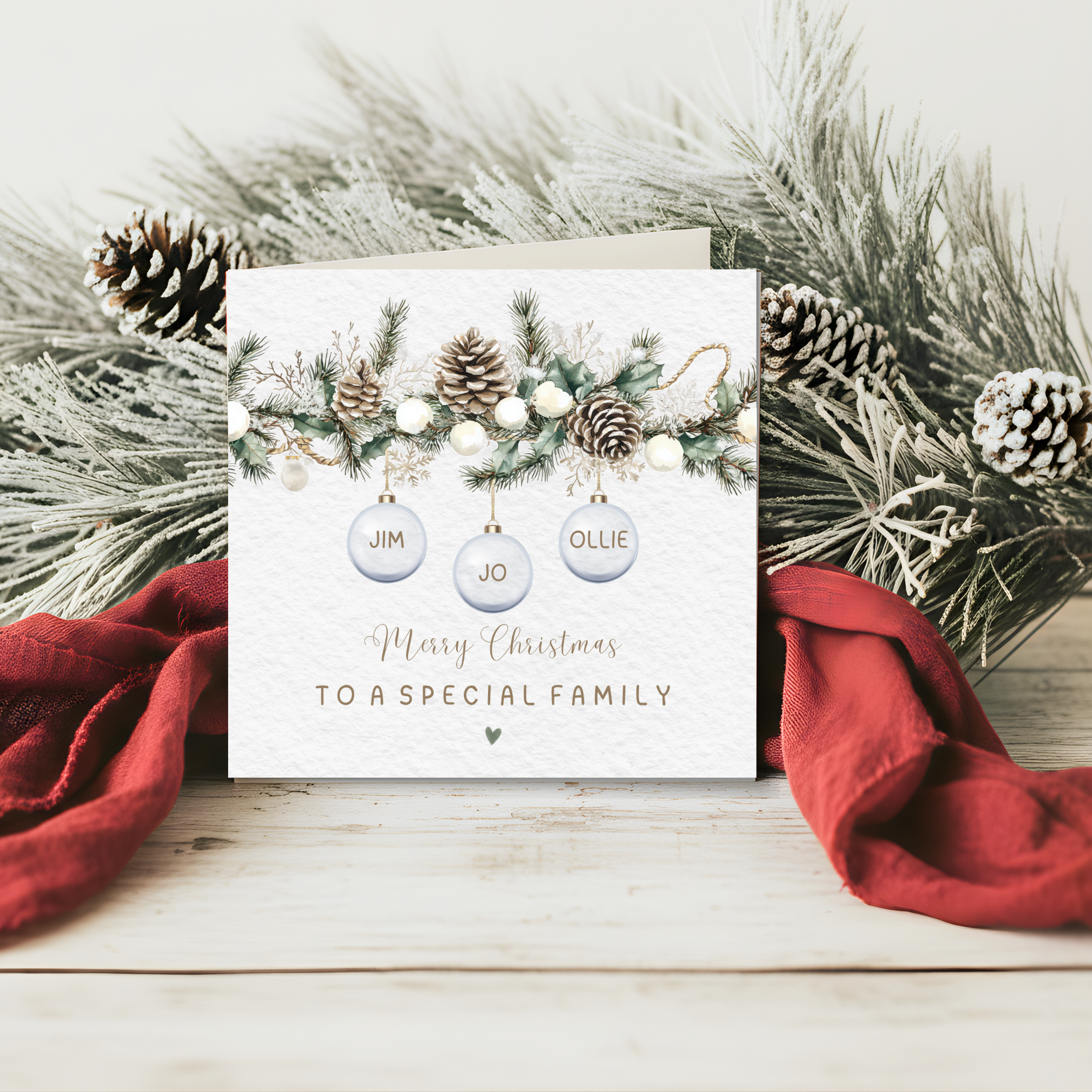 Personalised Garland Family Christmas Card - Custom Names Card - Bauble