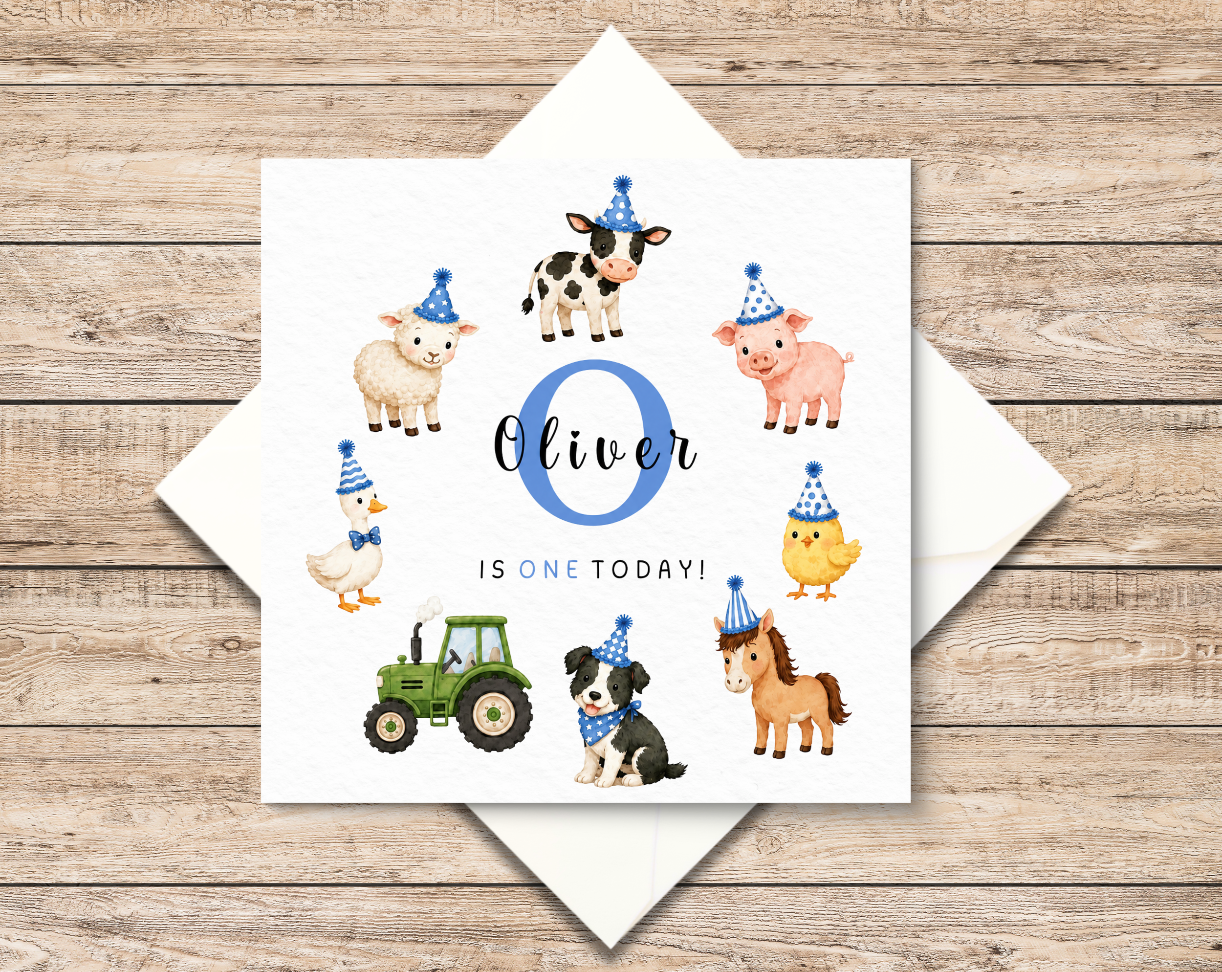 Personalised 1st Birthday Farm Animals Card - Little Boy - Custom Name - Age One