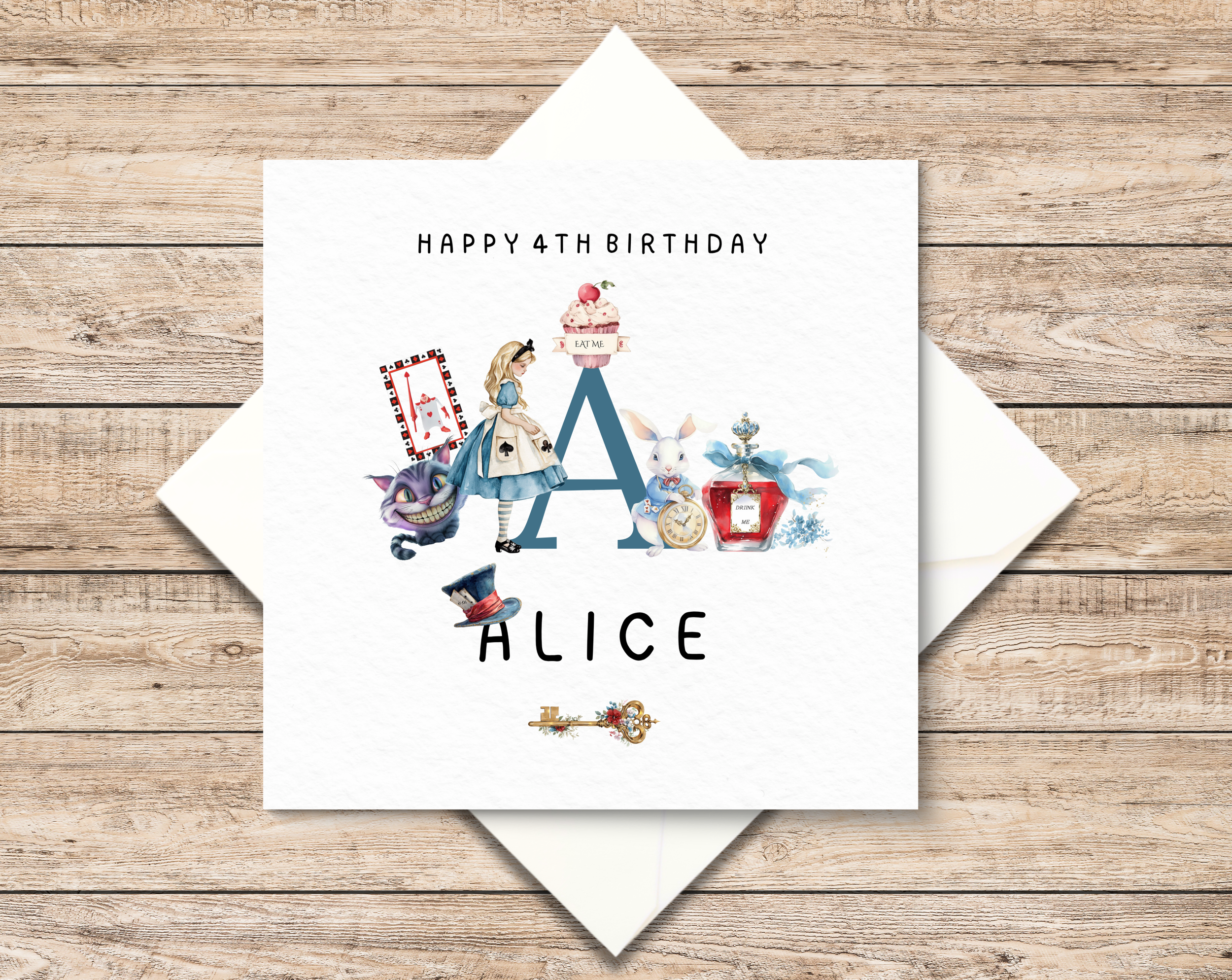 Personalised Alice in Wonderland Birthday Card - Card For Her - Custom Name