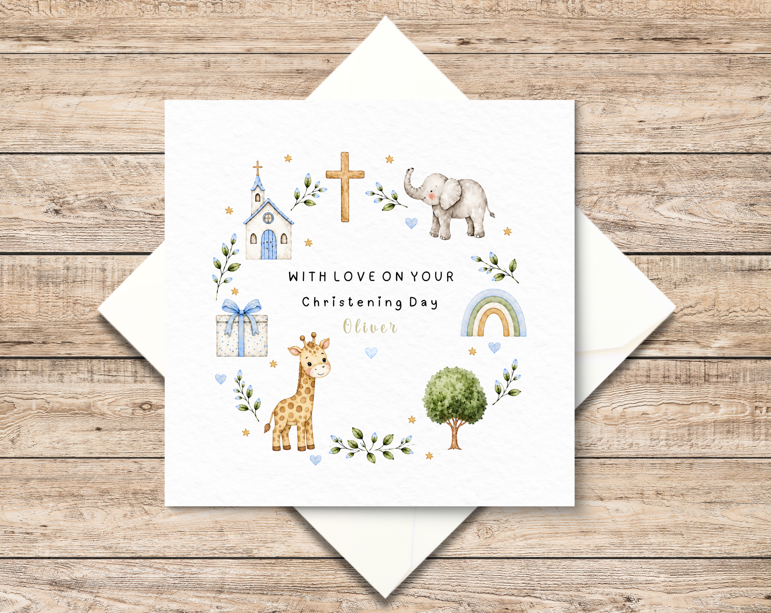Personalised Christening Card For Baby Boy - Watercolor Wreath - Baptism Keepsake