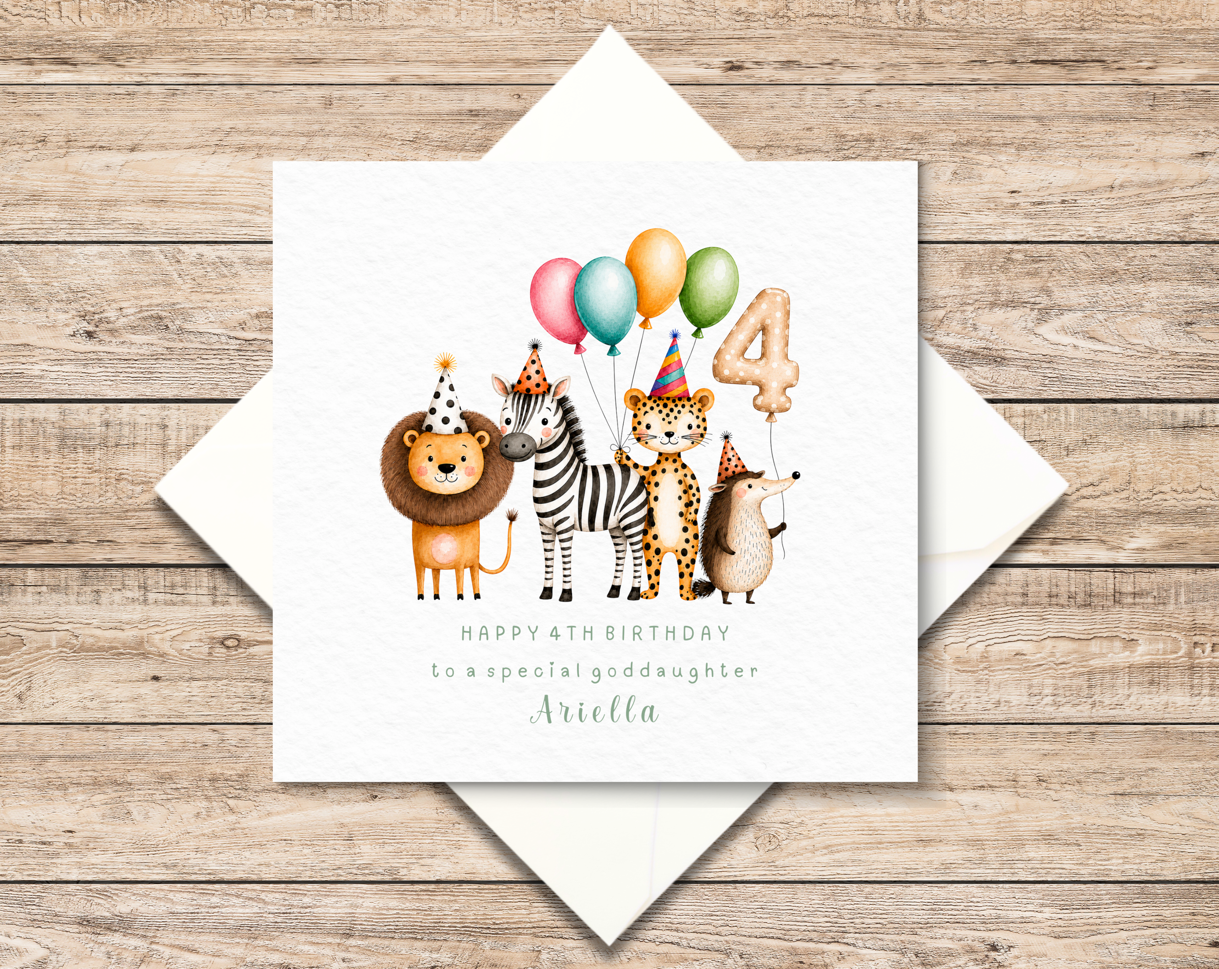 Personalised Fourth Birthday Card Zoo Animals - 4th Birthday Animals Card - Fourth Birthday Card For Boy - 4th Birthday Card For Girl