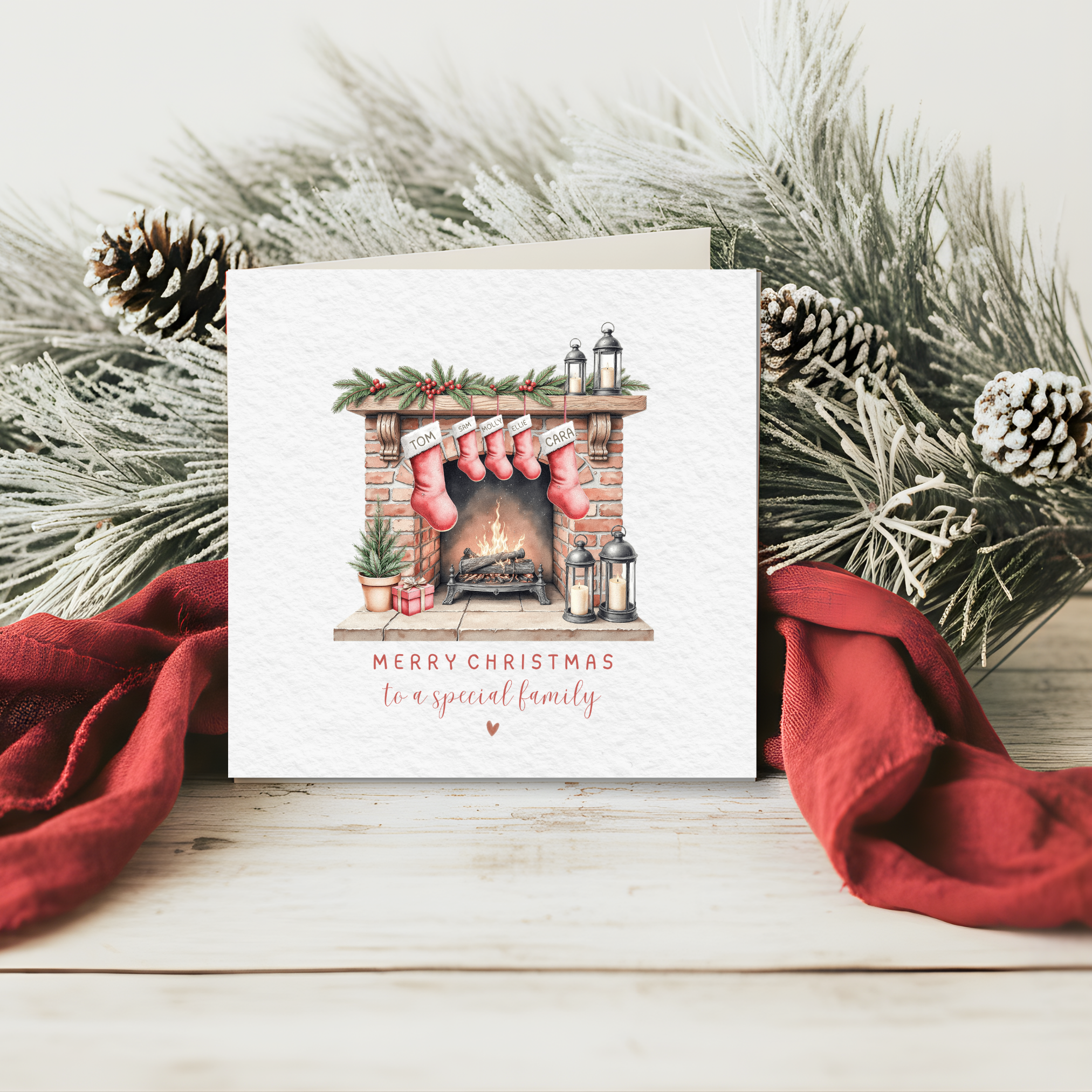Personalised Family Christmas Card - Custom Fireplace - Stocking Names