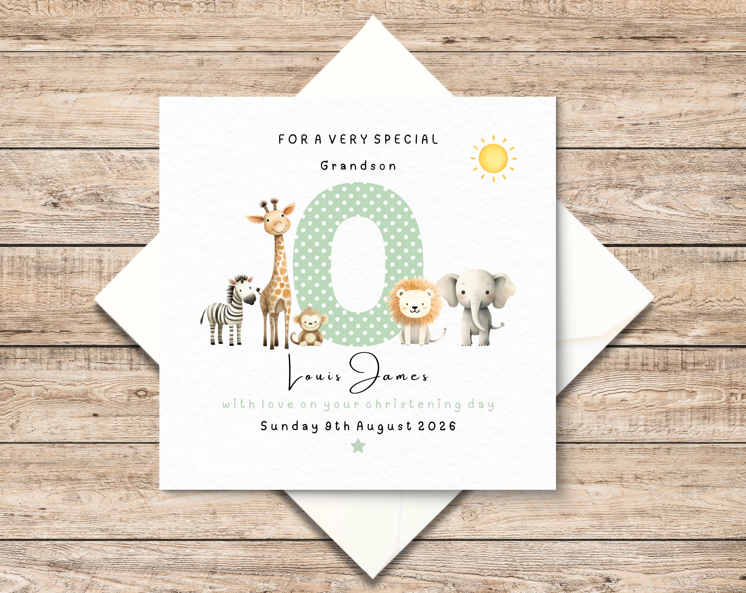 Personalised Christening Card for Baby Boy - Baptism Card for Son - Grandson - Godson - Nephew - Baby Boy Safari Christening Gift