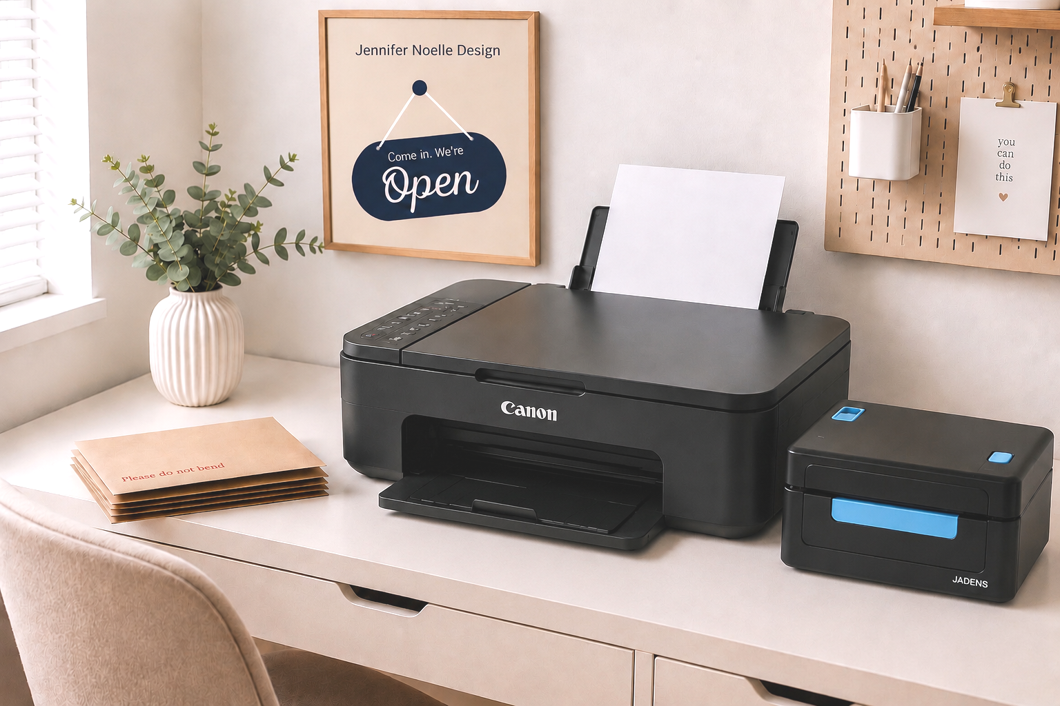 A home office desk with a Canon printer, a smaller JADENS printer, a stack of envelopes with a note that says 'Please do not bend,' a potted plant, and a corkboard with a white container holding pens and a motivational quote.
