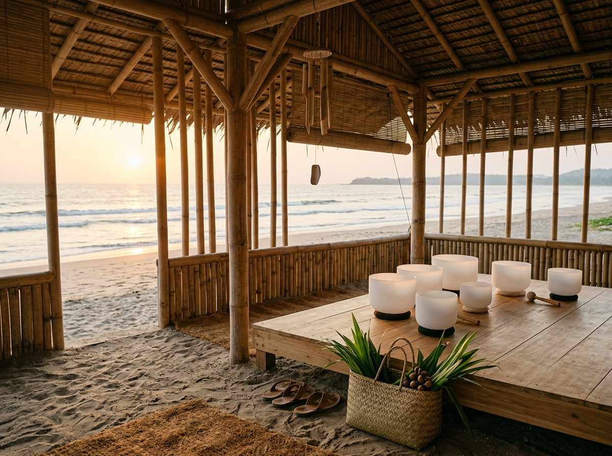 Beachside bamboo hut with meditation bowls on a wooden table, overlooking the ocean at sunset.