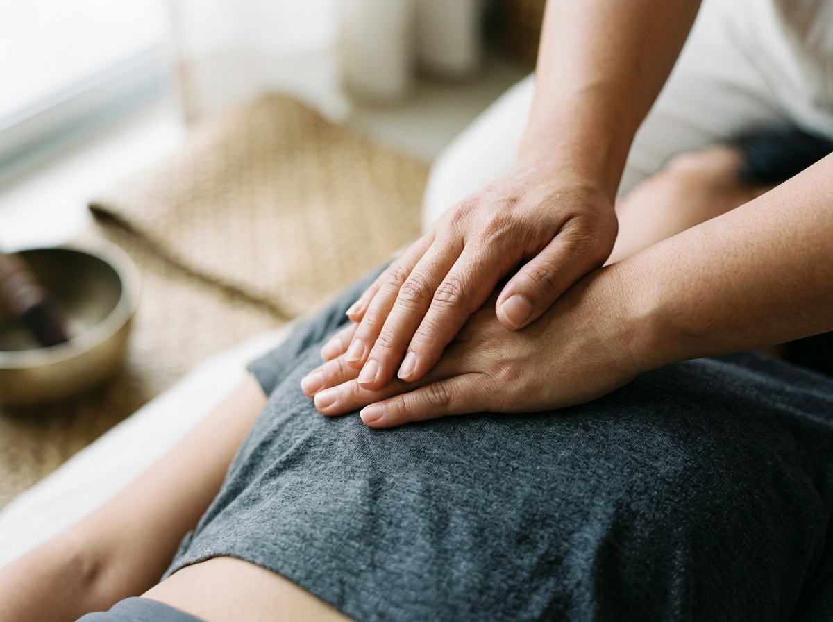 Close-up of a person giving a massage, with hands pressing on their back on a massage table.
