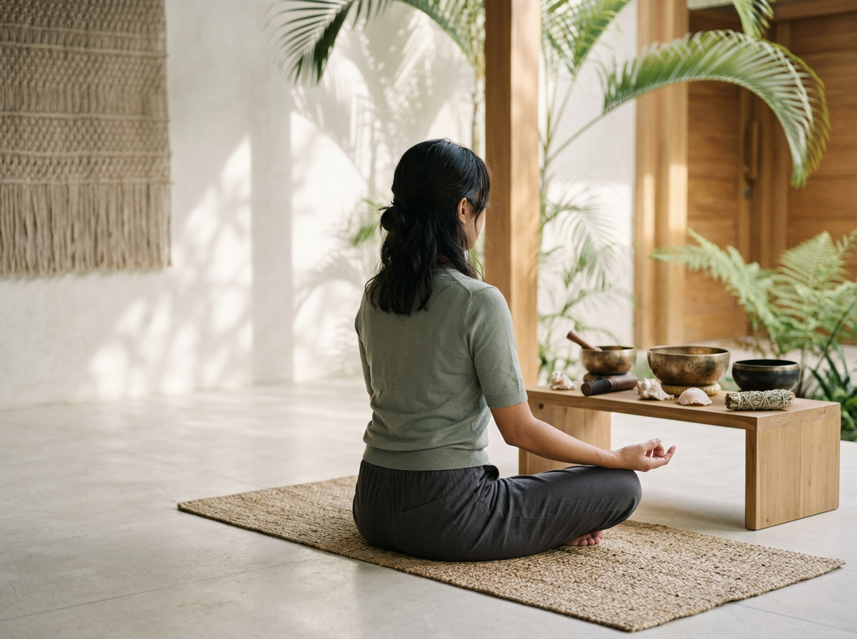 A woman practicing meditation on a rug in a serene, natural-lit room with wooden walls and green plants.