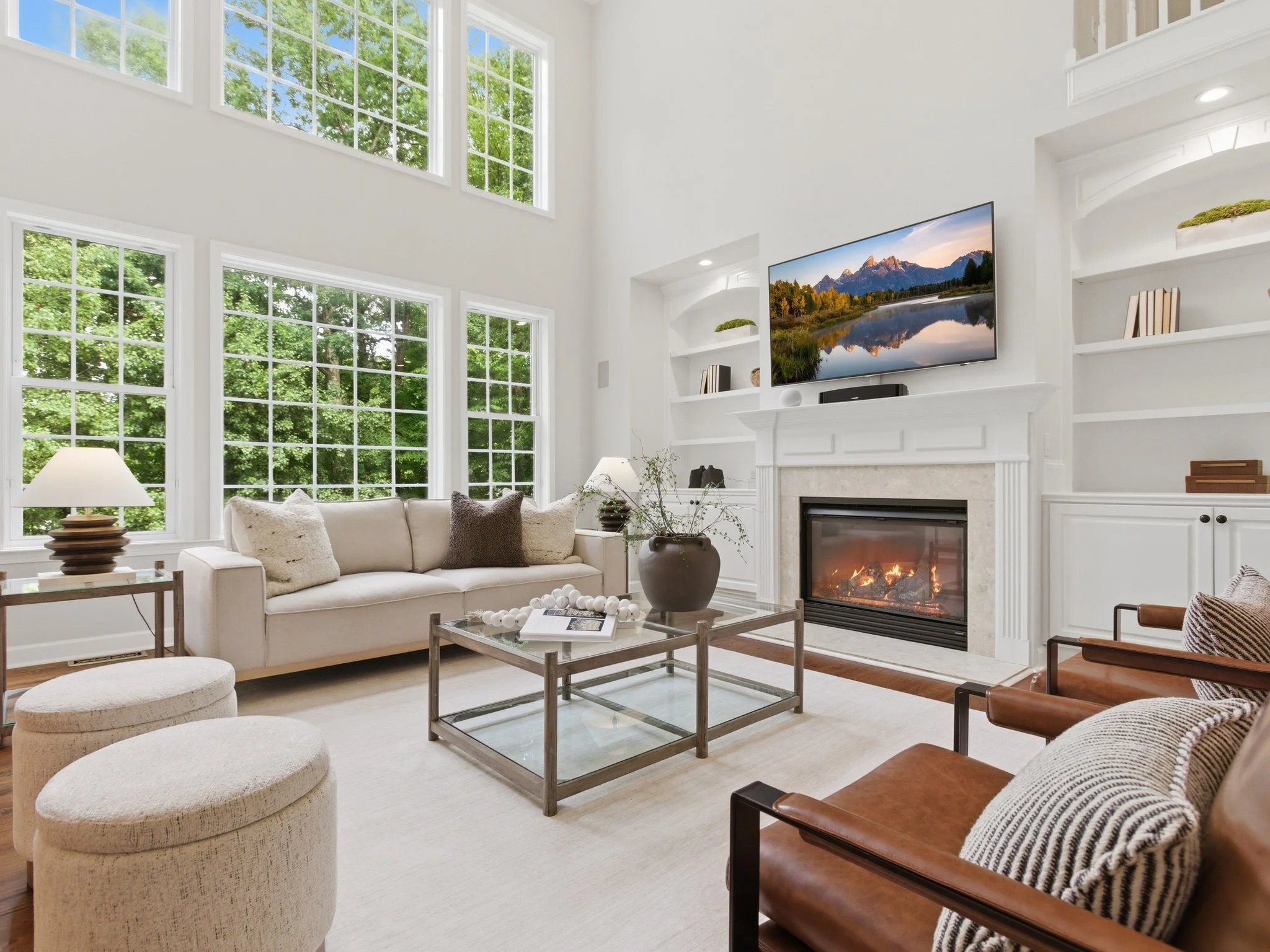 Staged two-story living room with fireplace, Matthews NC