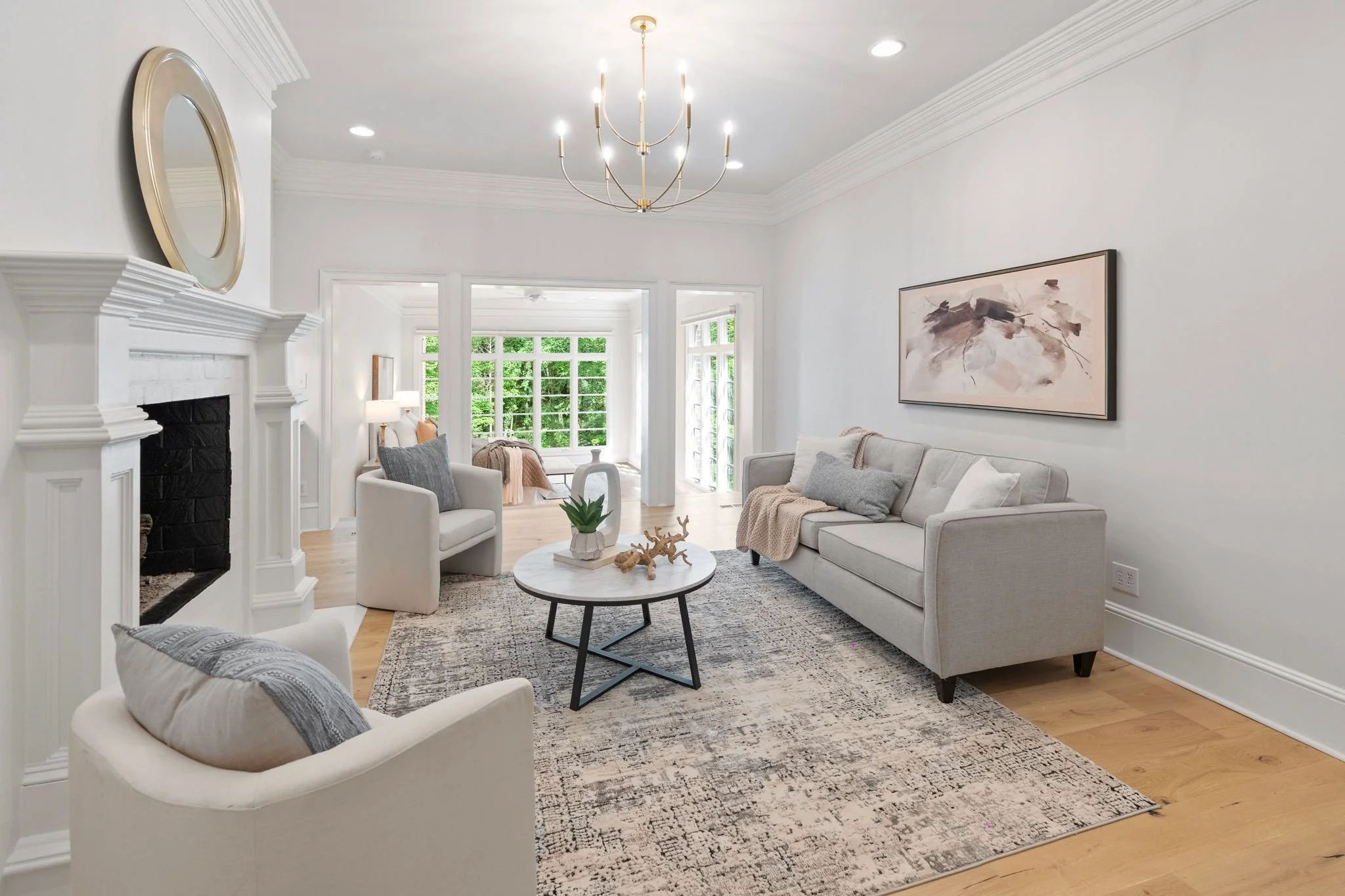 Staged dining room with brass lantern chandelier, Charlotte NC
