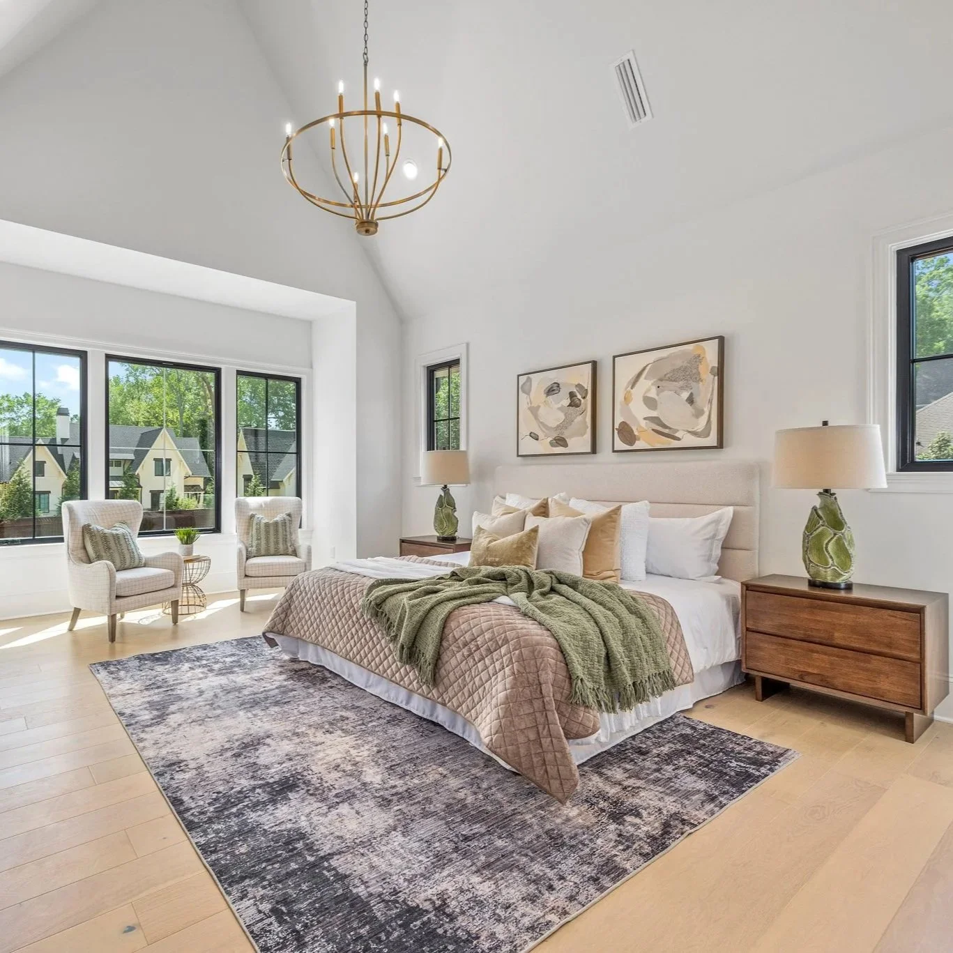 Staged primary bedroom with neutral tones, Charlotte NC
