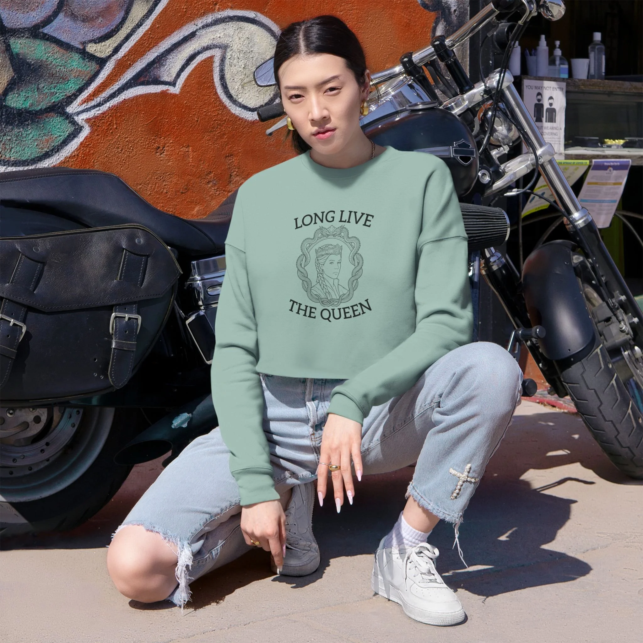 Long Live Queen Rhaenyra | Cropped Sweatshirt | Queen Portrait, Retro Script
