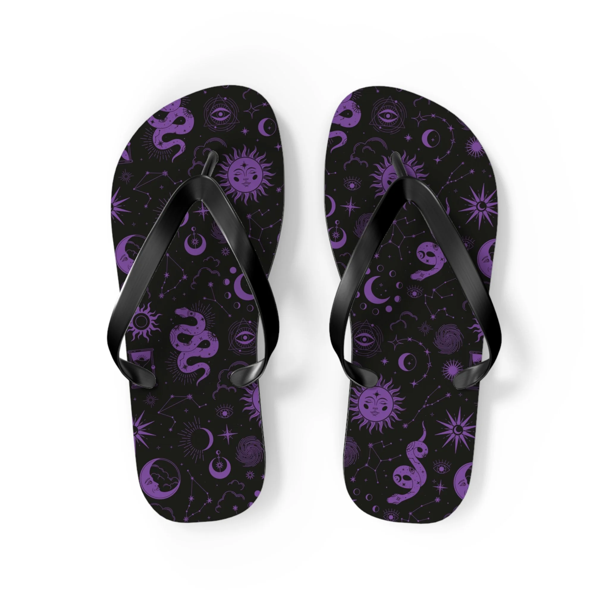 As Above  — Purple Snake & Celestial Pattern Flip Flops